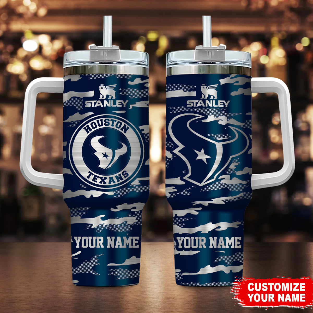 Houston Texans NFL Camo Pattern Custom Stanley Quencher 40oz Stainless Steel Tumbler With Handle