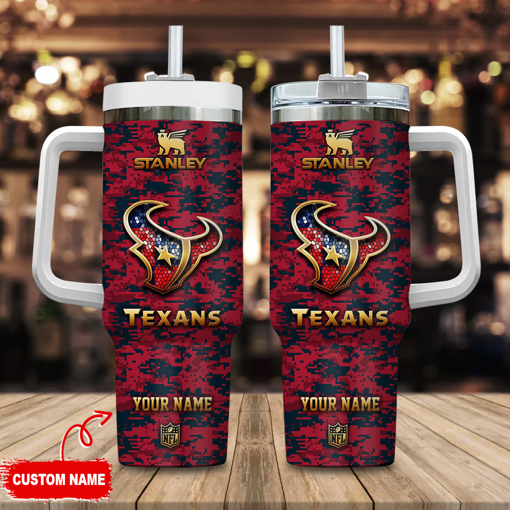 Houston Texans NFL Camouflage Golden Logo Custom Stanley Quencher 40oz Stainless Steel Tumbler With Handle