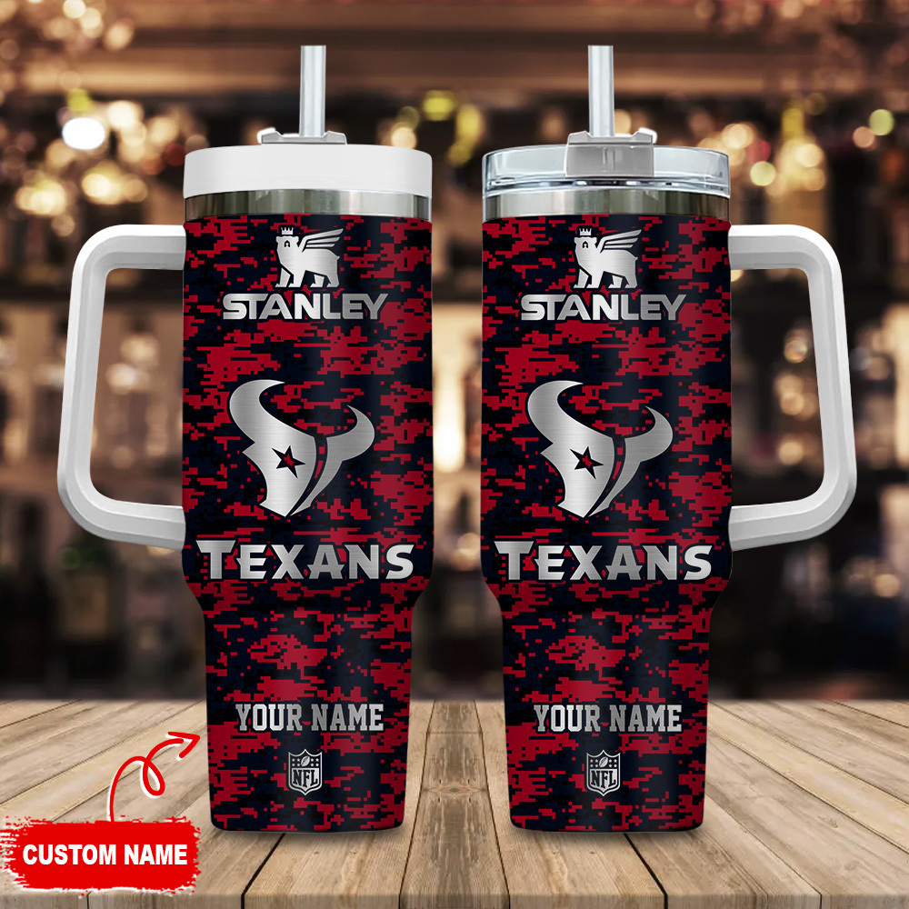 Houston Texans NFL Camouflage Silver Logo Custom Stanley Quencher 40oz Stainless Steel Tumbler With Handle