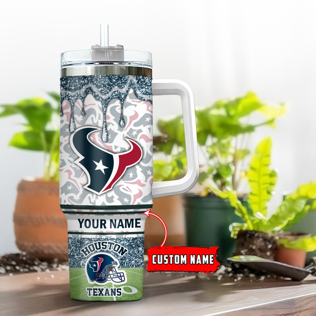 Houston Texans NFL Glitter Custom Stanley Quencher 40oz Stainless Steel Tumbler With Handle
