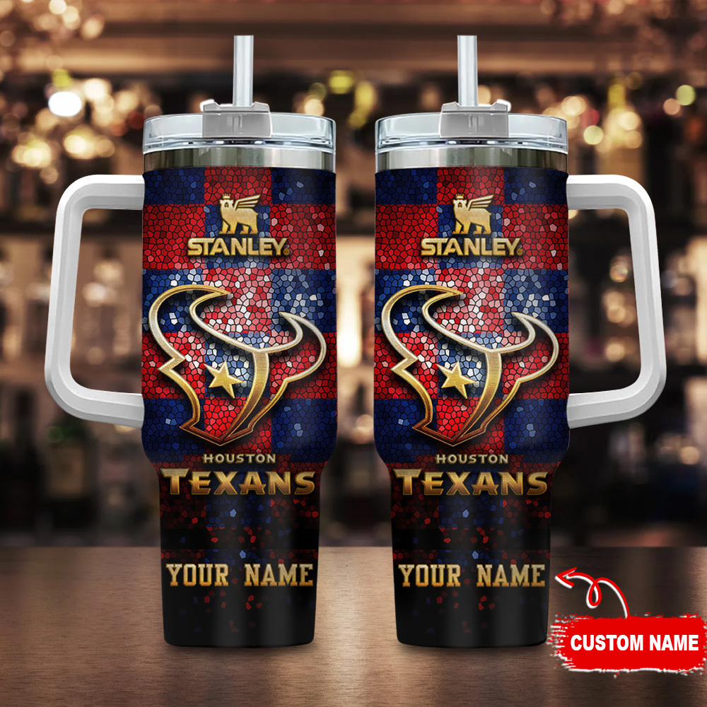 Houston Texans NFL Glitter Golden Logo Custom Stanley Quencher 40oz Stainless Steel Tumbler With Handle