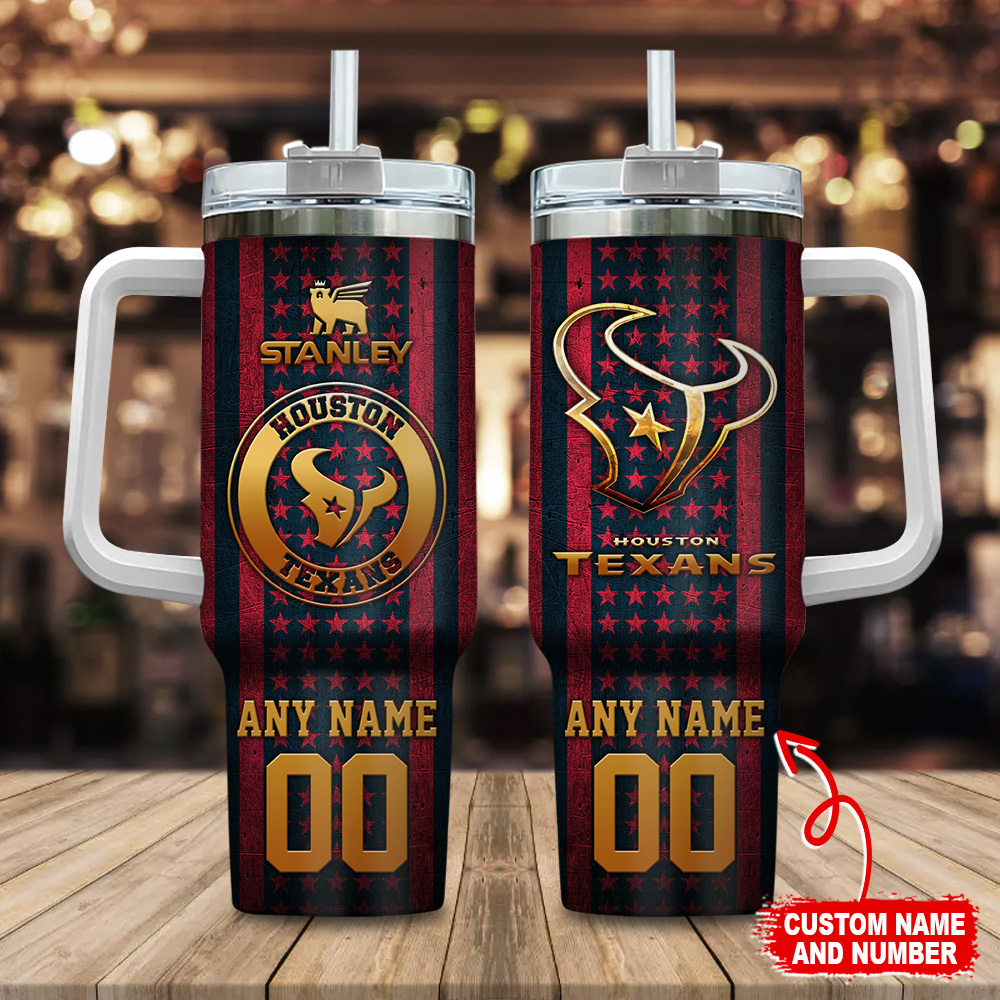 Houston Texans NFL Golden Logos US Flag Custom Stanley Quencher 40oz Stainless Steel Tumbler With Handle