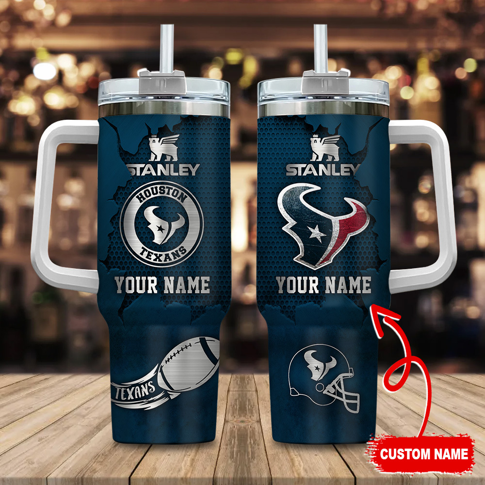 Houston Texans NFL Metal Style Custom Stanley Quencher 40oz Stainless Steel Tumbler With Handle