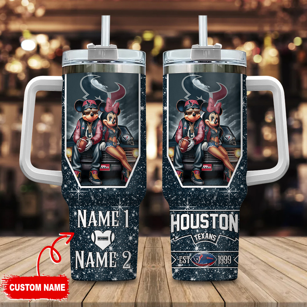 Houston Texans NFL Mickey And Minnie Couple Custom Stanley Quencher 40oz Stainless Steel Tumbler With Handle