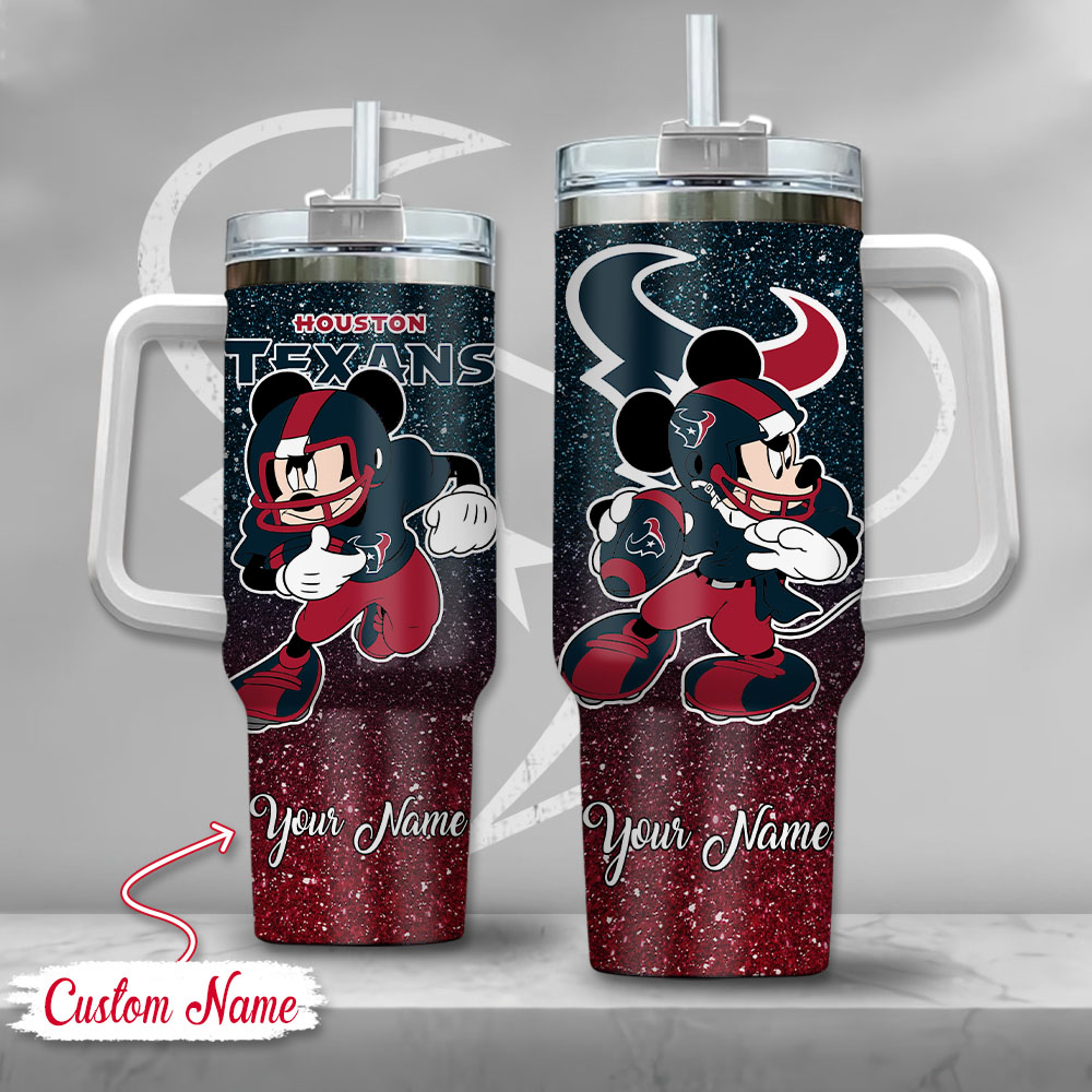 Houston Texans NFL Mickey Mouse Glitter Custom Stanley Quencher 40oz Stainless Steel Tumbler With Handle