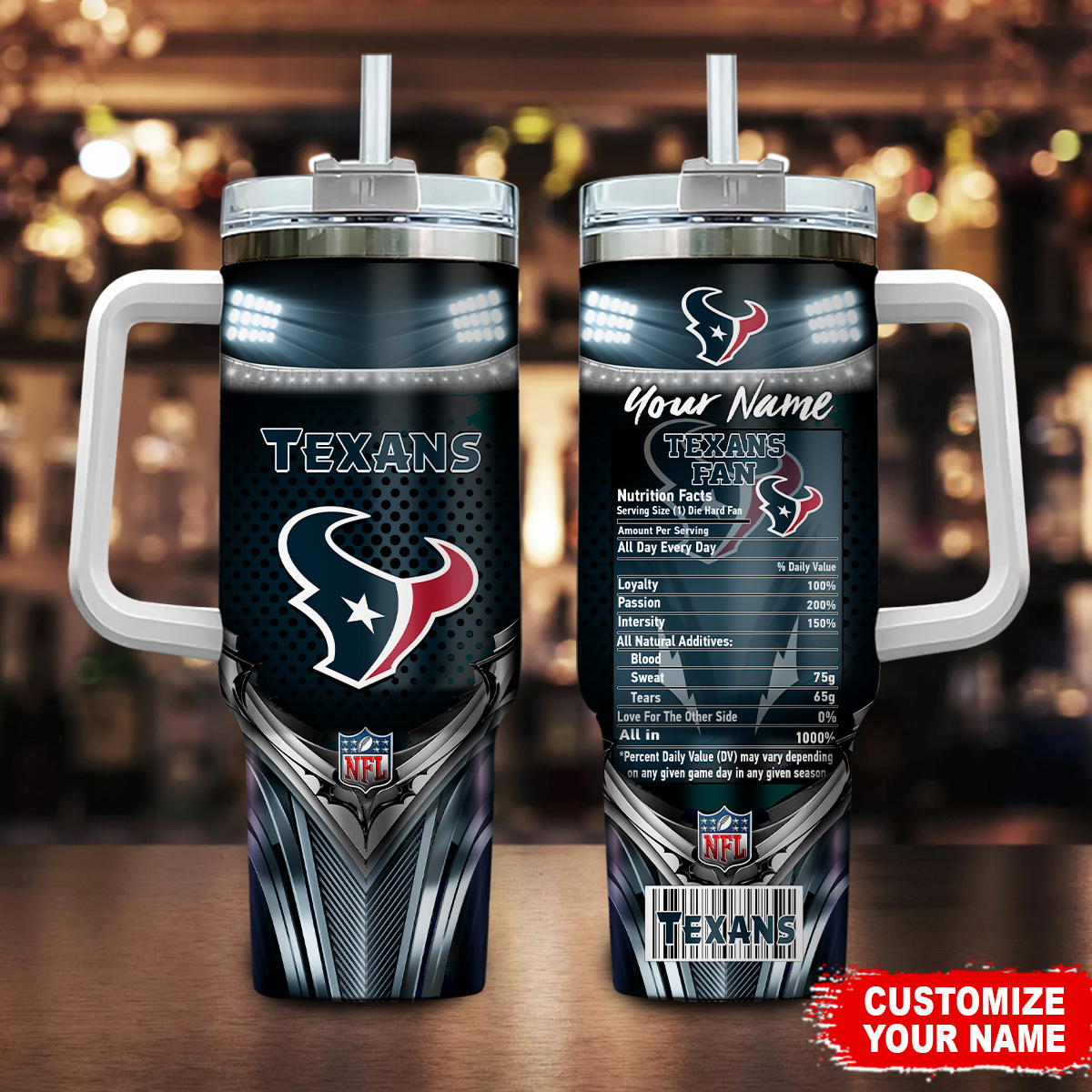 Houston Texans NFL Nutrition Facts Custom Stanley Quencher 40oz Stainless Steel Tumbler With Handle