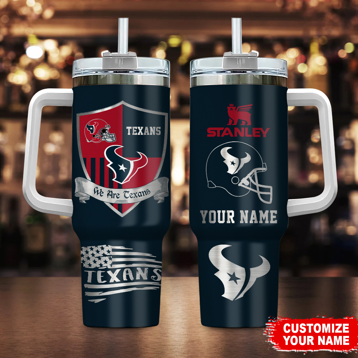 Houston Texans NFL Silver Logo Custom Stanley Quencher 40oz Stainless Steel Tumbler With Handle