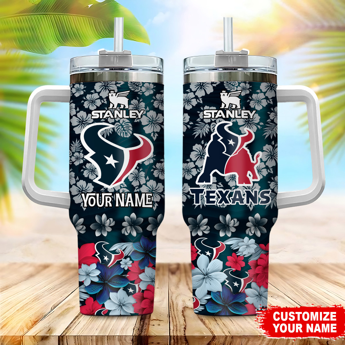 Houston Texans NFL Tropical Floral Custom Stanley Quencher 40oz Stainless Steel Tumbler With Handle