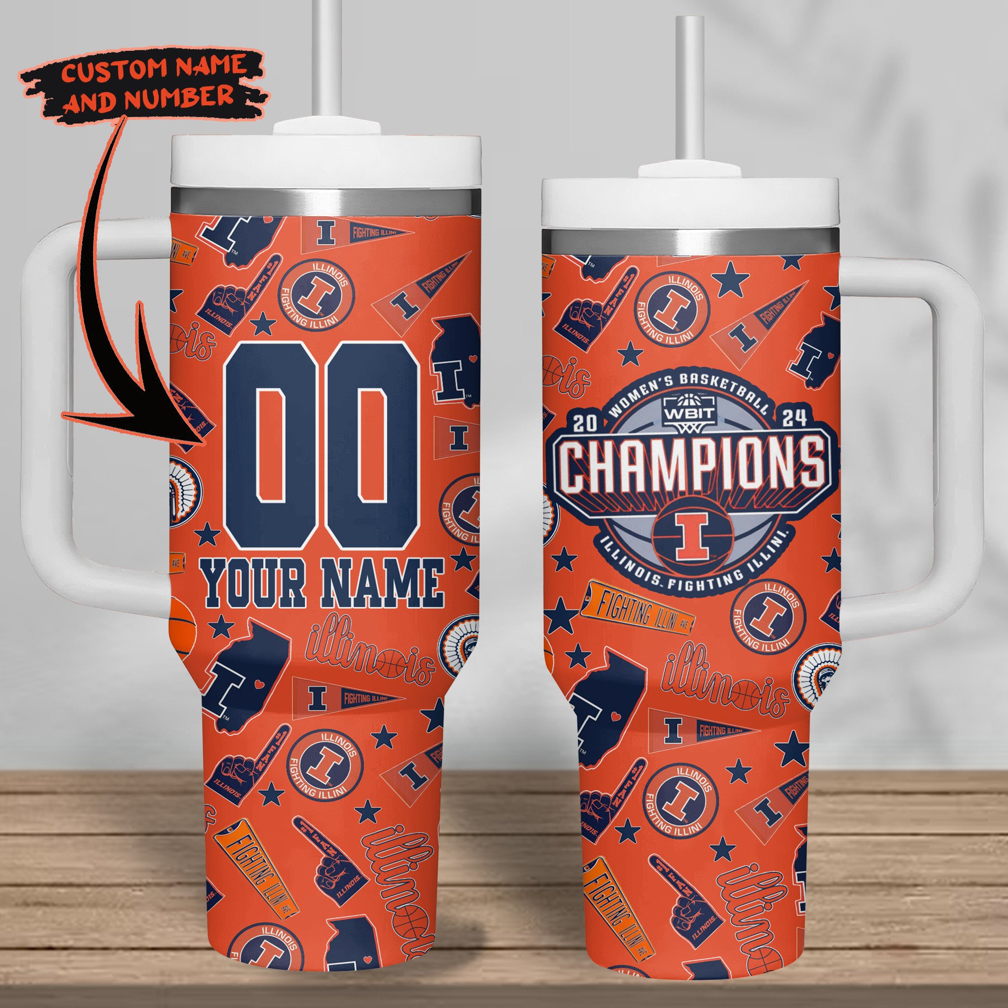 Illinois Fighting Illini men's basketball NCAA Custom Stanley Quencher 40oz Stainless Steel Tumbler With Handle