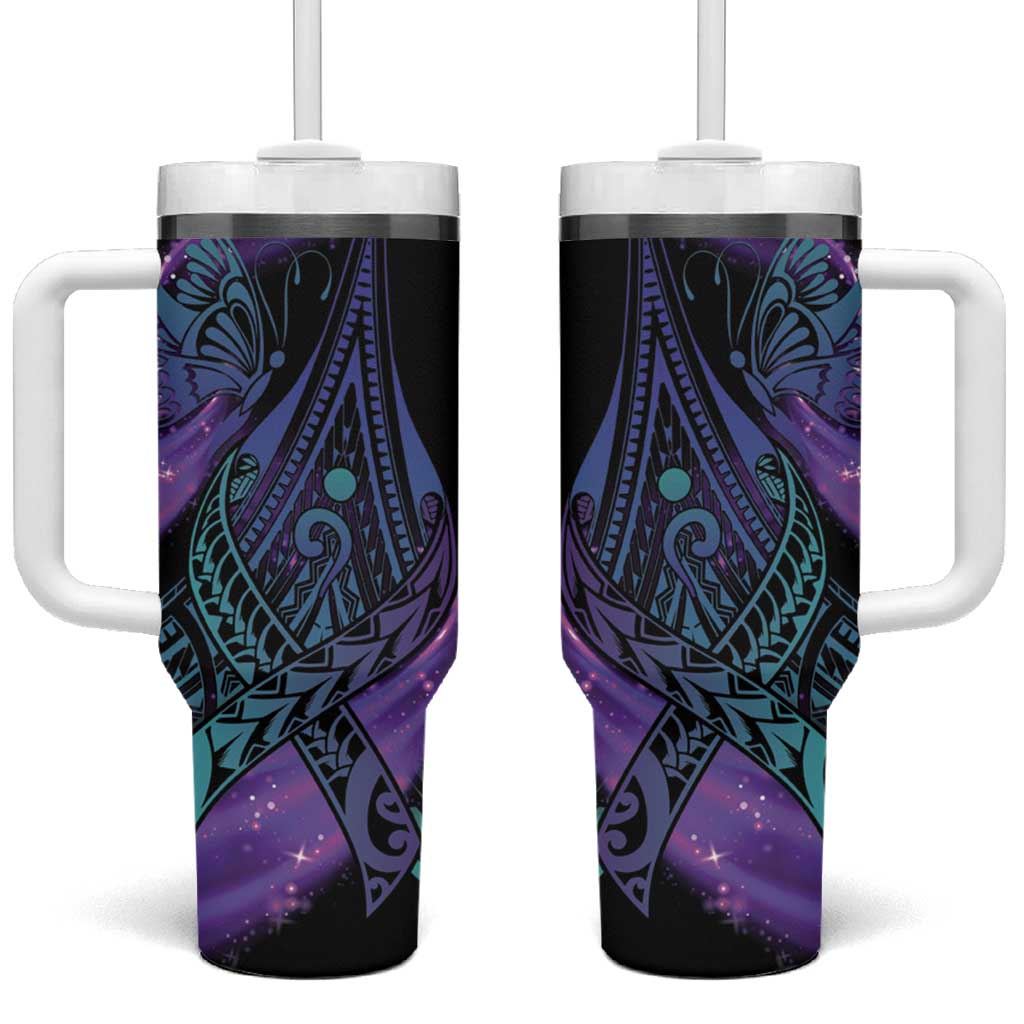 In September We Wear Teal And Purple Magic Ribbon Semicolon Custom Stanley Quencher 40oz Stainless Steel Tumbler With Handle