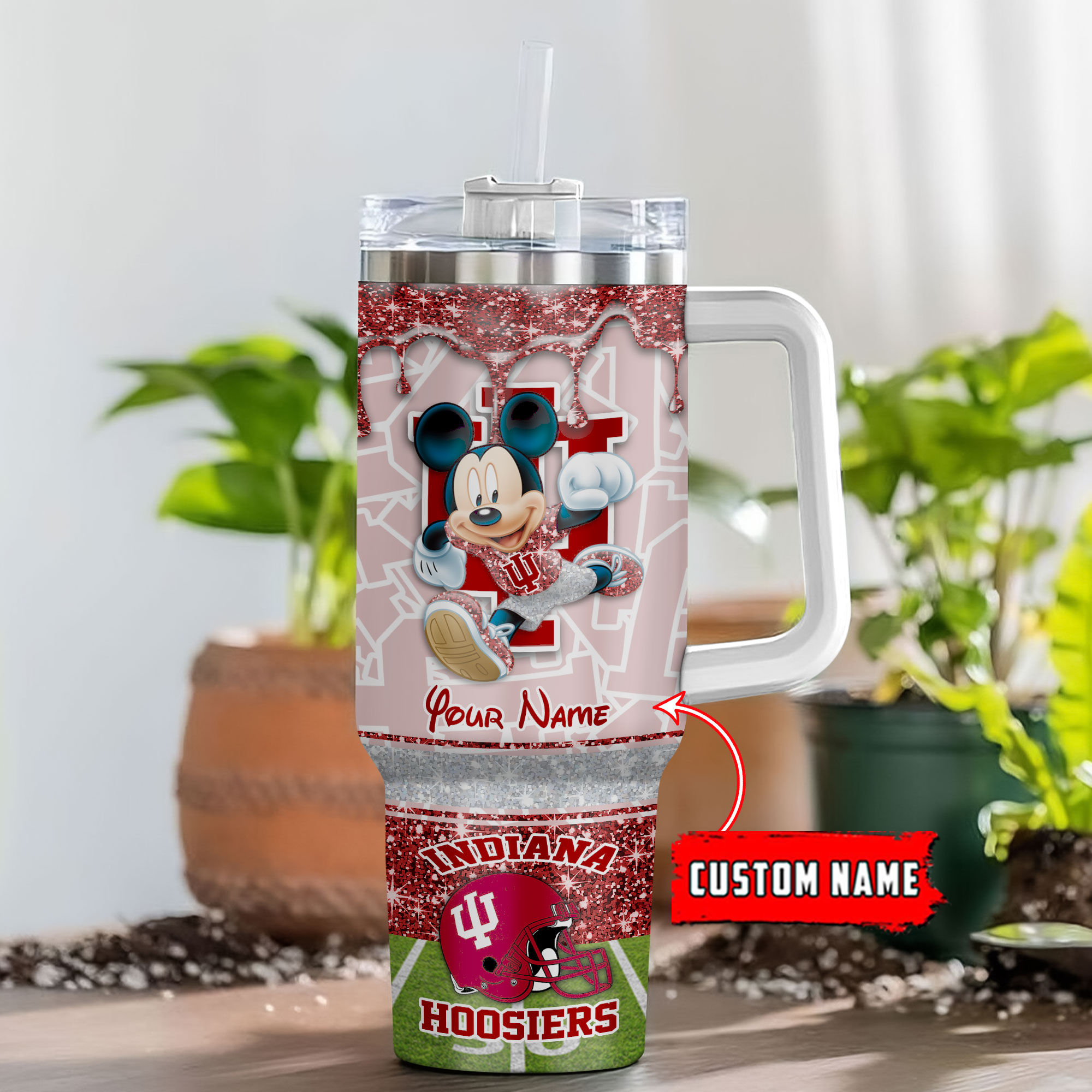 Indiana Hoosiers NCAA Mickey Mouse Glitter Custom Stanley Quencher 40oz Stainless Steel Tumbler With Handle