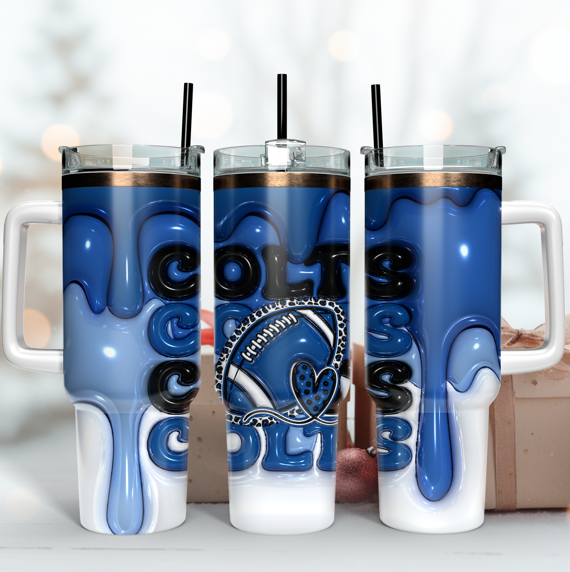 Indianapolis Colts NFL 3D Inflated Puff Effect Custom Stanley Quencher 40oz Stainless Steel Tumbler With Handle