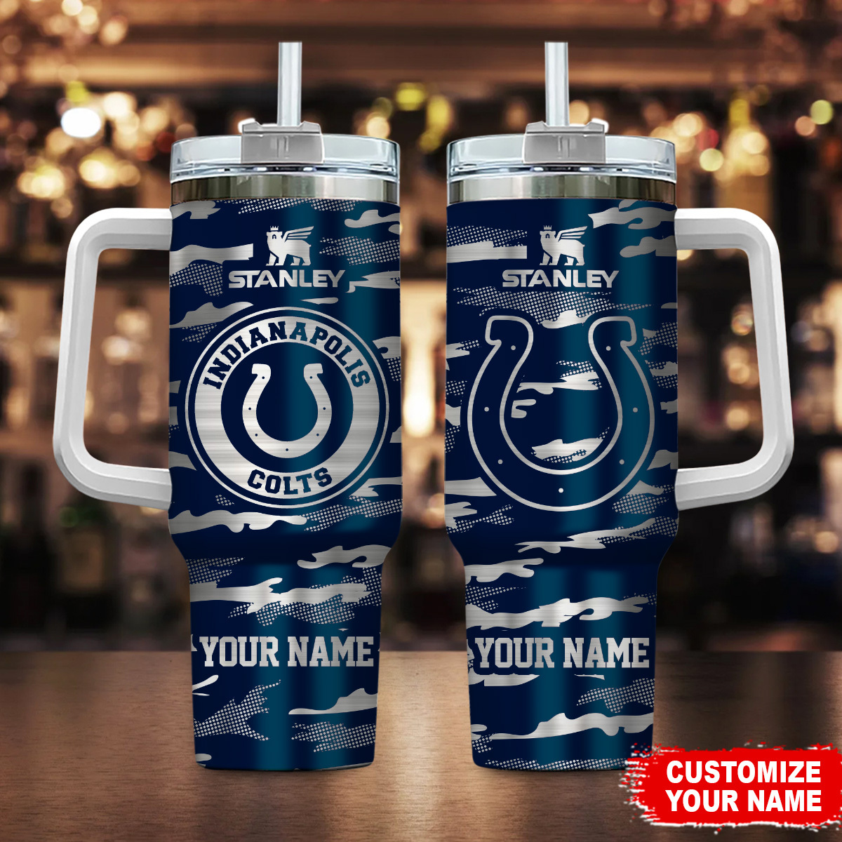 Indianapolis Colts NFL Camo Pattern Custom Stanley Quencher 40oz Stainless Steel Tumbler With Handle