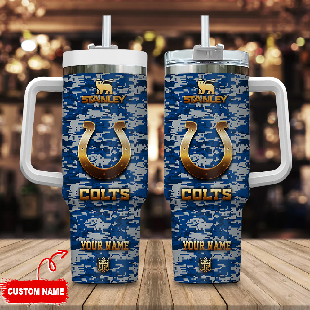 Indianapolis Colts NFL Camouflage Golden Logo Custom Stanley Quencher 40oz Stainless Steel Tumbler With Handle