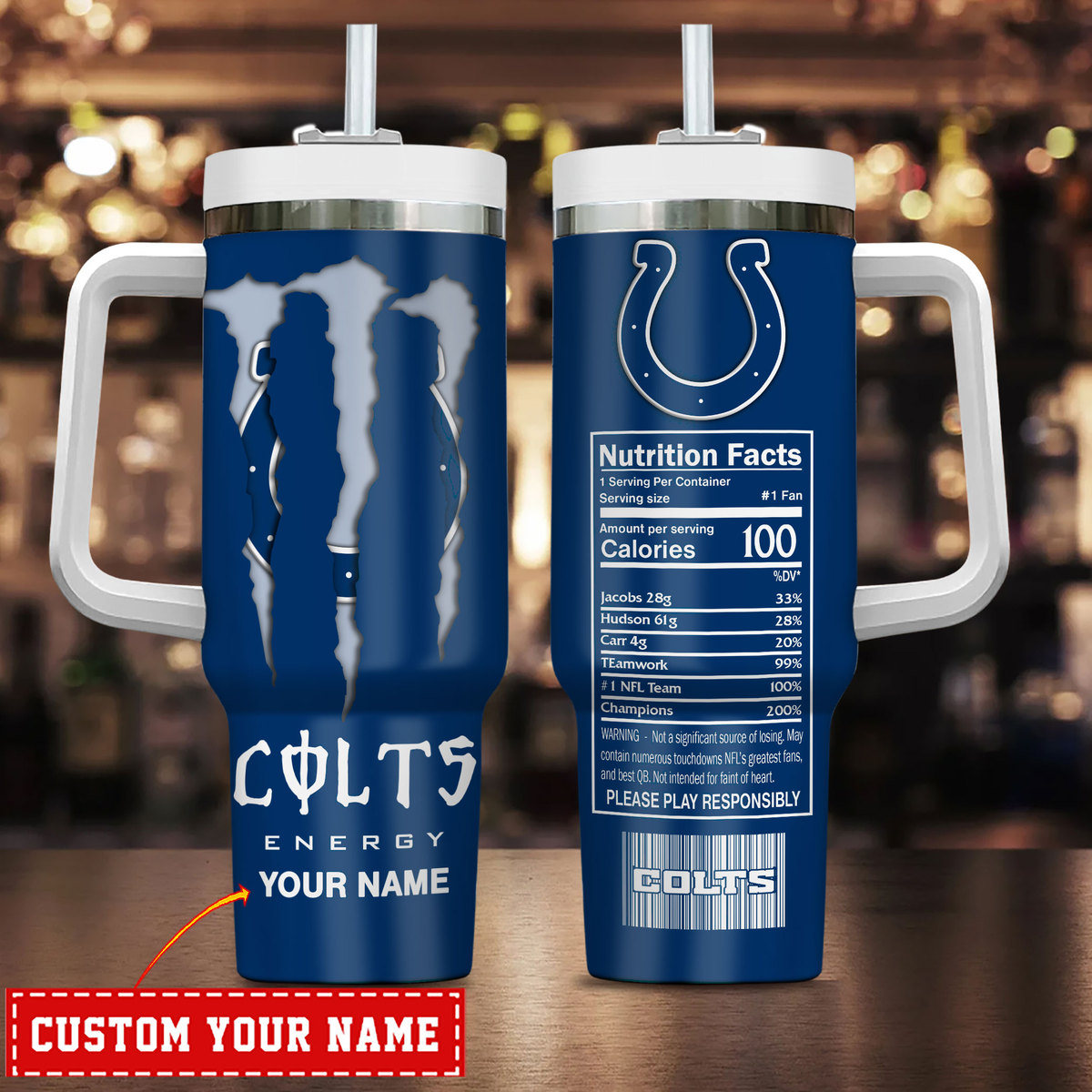 Indianapolis Colts NFL Energy Nutrition Facts Custom Stanley Quencher 40oz Stainless Steel Tumbler With Handle