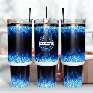 Indianapolis Colts NFL Fire Effect Custom Stanley Quencher 40oz Stainless Steel Tumbler With Handle