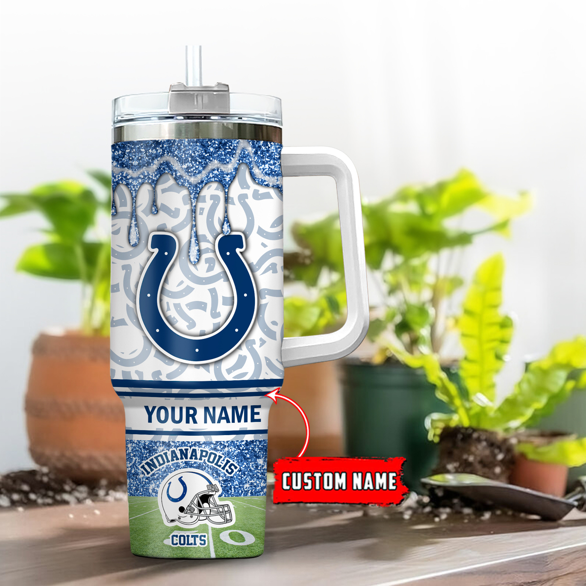 Indianapolis Colts NFL Glitter Custom Stanley Quencher 40oz Stainless Steel Tumbler With Handle