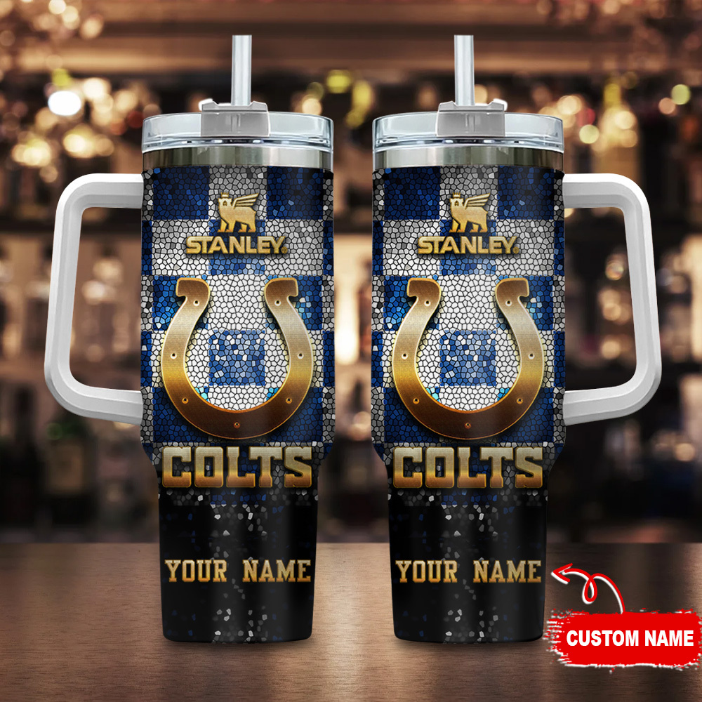 Indianapolis Colts NFL Glitter Golden Logo Custom Stanley Quencher 40oz Stainless Steel Tumbler With Handle