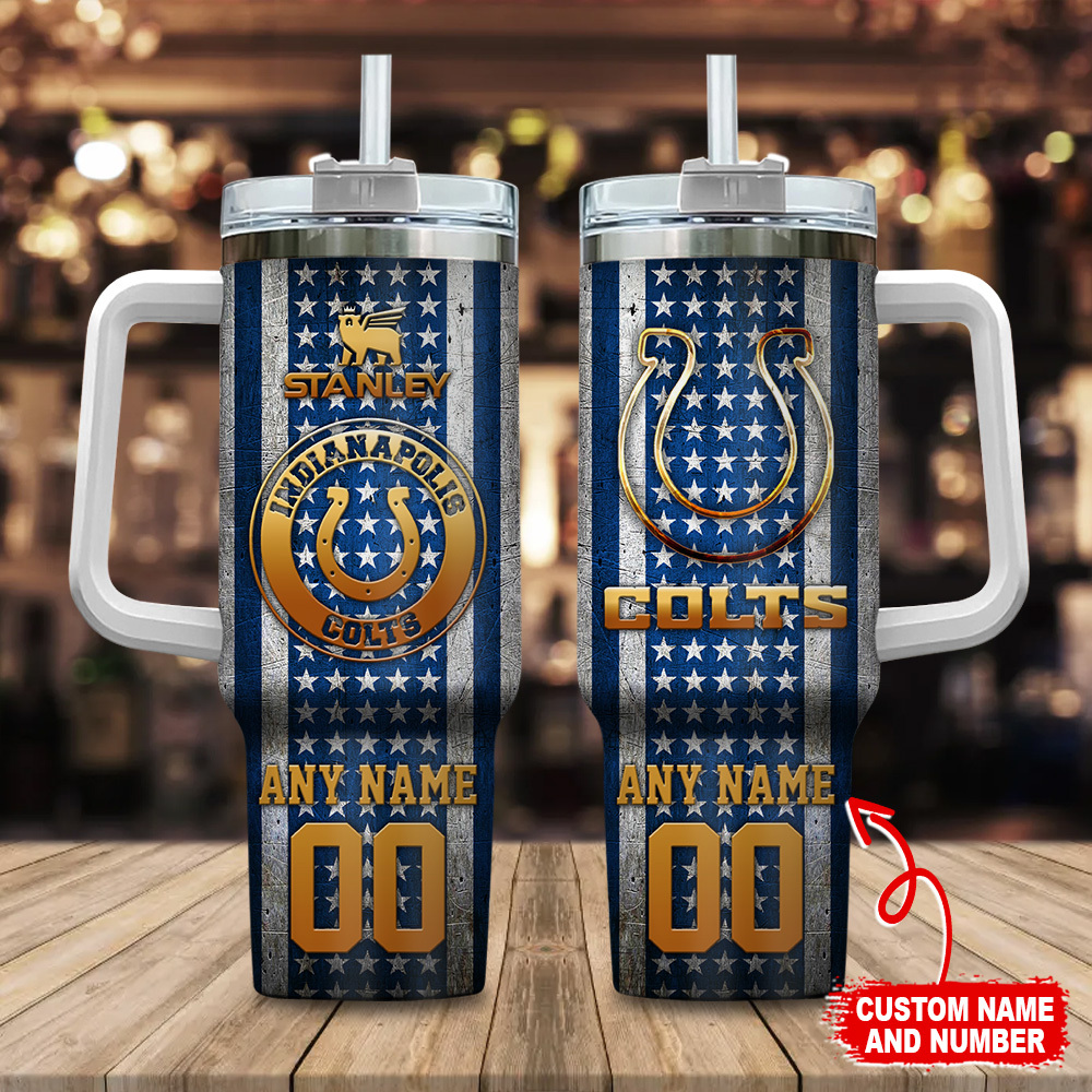 Indianapolis Colts NFL Golden Logos US Flag Custom Stanley Quencher 40oz Stainless Steel Tumbler With Handle
