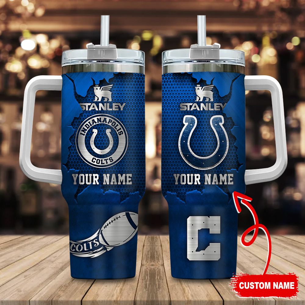 Indianapolis Colts NFL Metal Style Custom Stanley Quencher 40oz Stainless Steel Tumbler With Handle