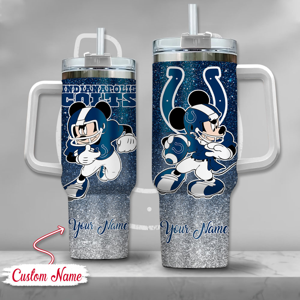 Indianapolis Colts NFL Mickey Mouse Glitter Custom Stanley Quencher 40oz Stainless Steel Tumbler With Handle