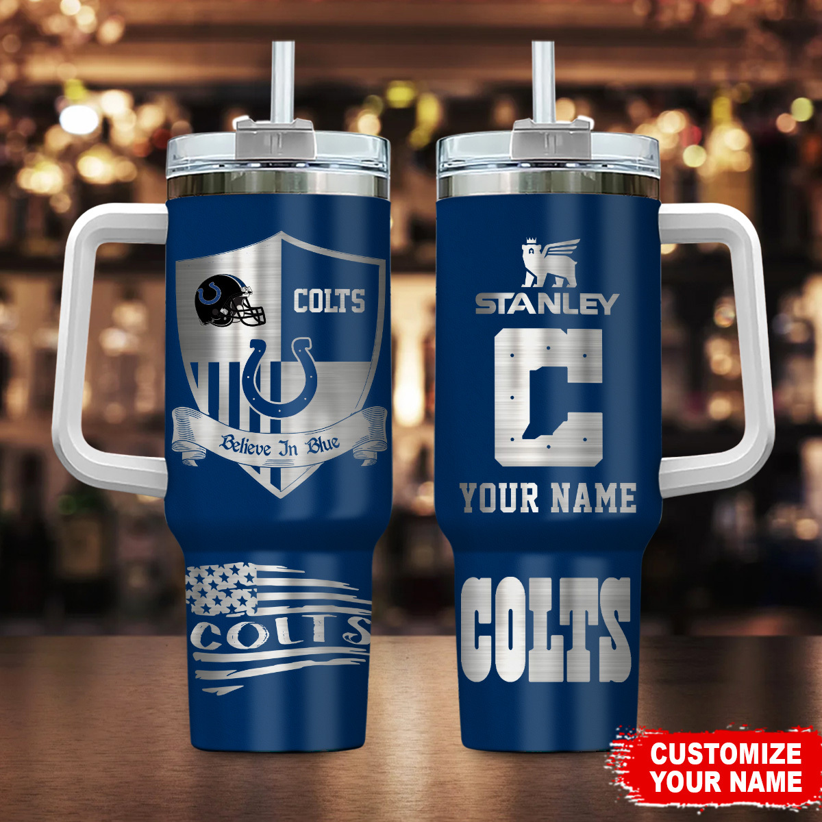 Indianapolis Colts NFL Silver Logo Custom Stanley Quencher 40oz Stainless Steel Tumbler With Handle