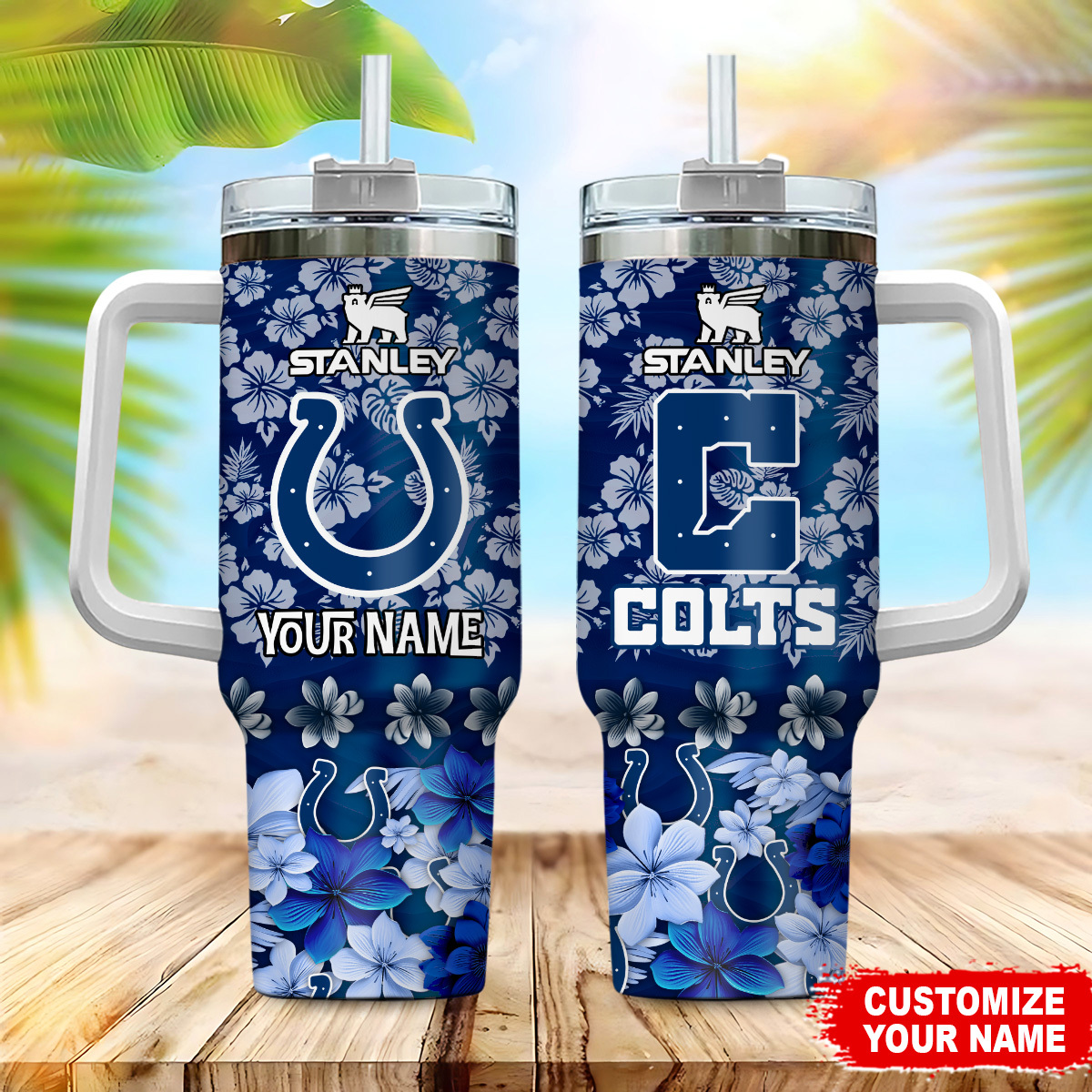 Indianapolis Colts NFL Tropical Floral Custom Stanley Quencher 40oz Stainless Steel Tumbler With Handle