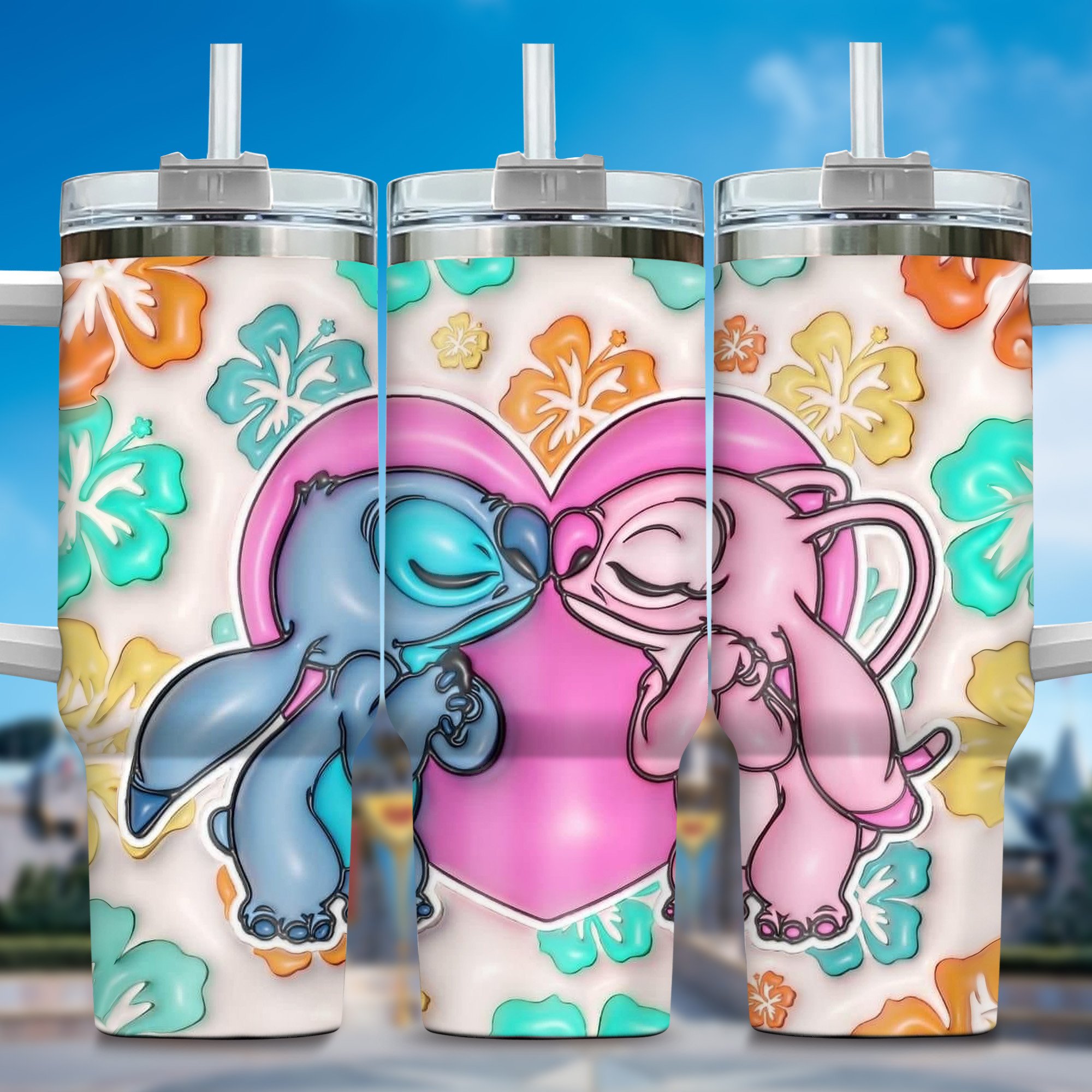Inflated 3D Stitch Cartoon Custom Stanley Quencher 40oz Stainless Steel Tumbler With Handle