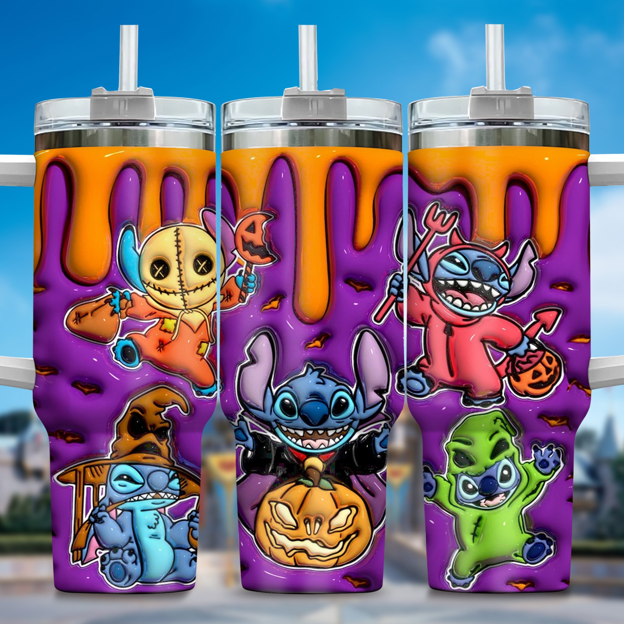 Inflated 3D Stitch Cartoon Custom Stanley Quencher 40oz Stainless Steel Tumbler With Handle