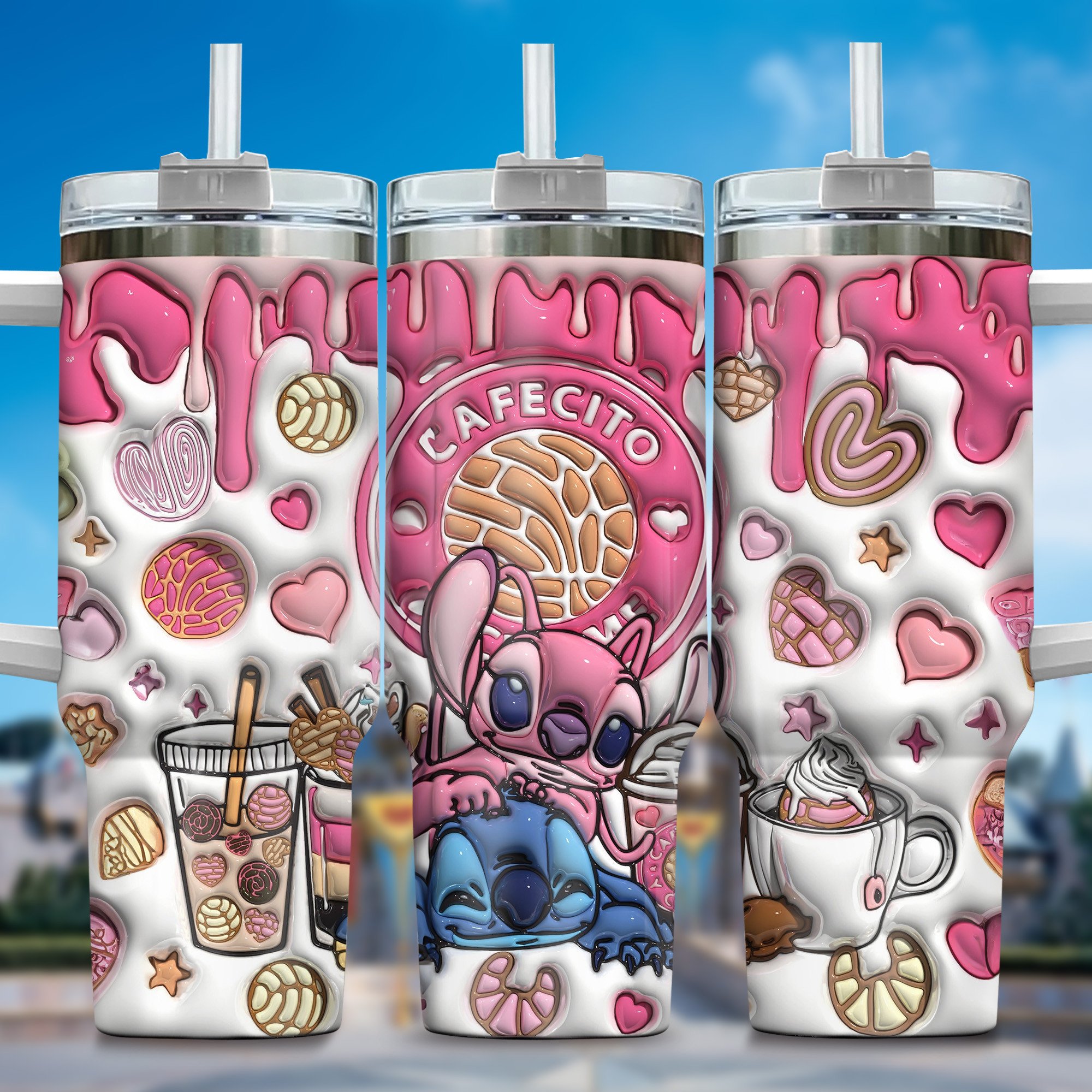 Inflated 3D Stitch Cartoon Custom Stanley Quencher 40oz Stainless Steel Tumbler With Handle