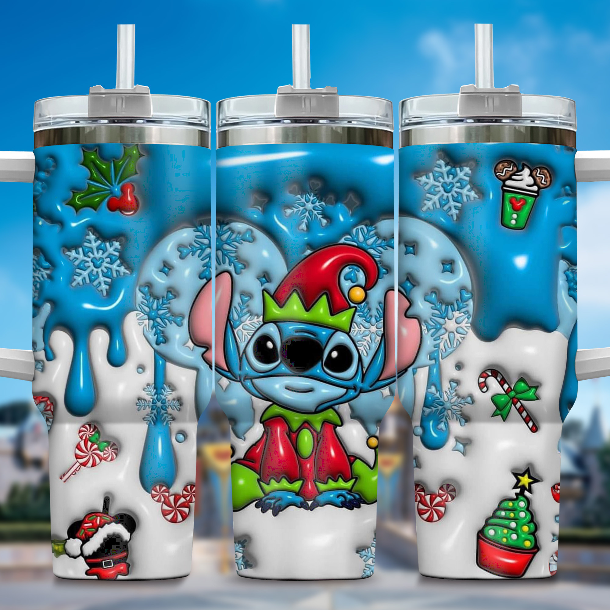 Inflated 3D Stitch Cartoon Custom Stanley Quencher 40oz Stainless Steel Tumbler With Handle