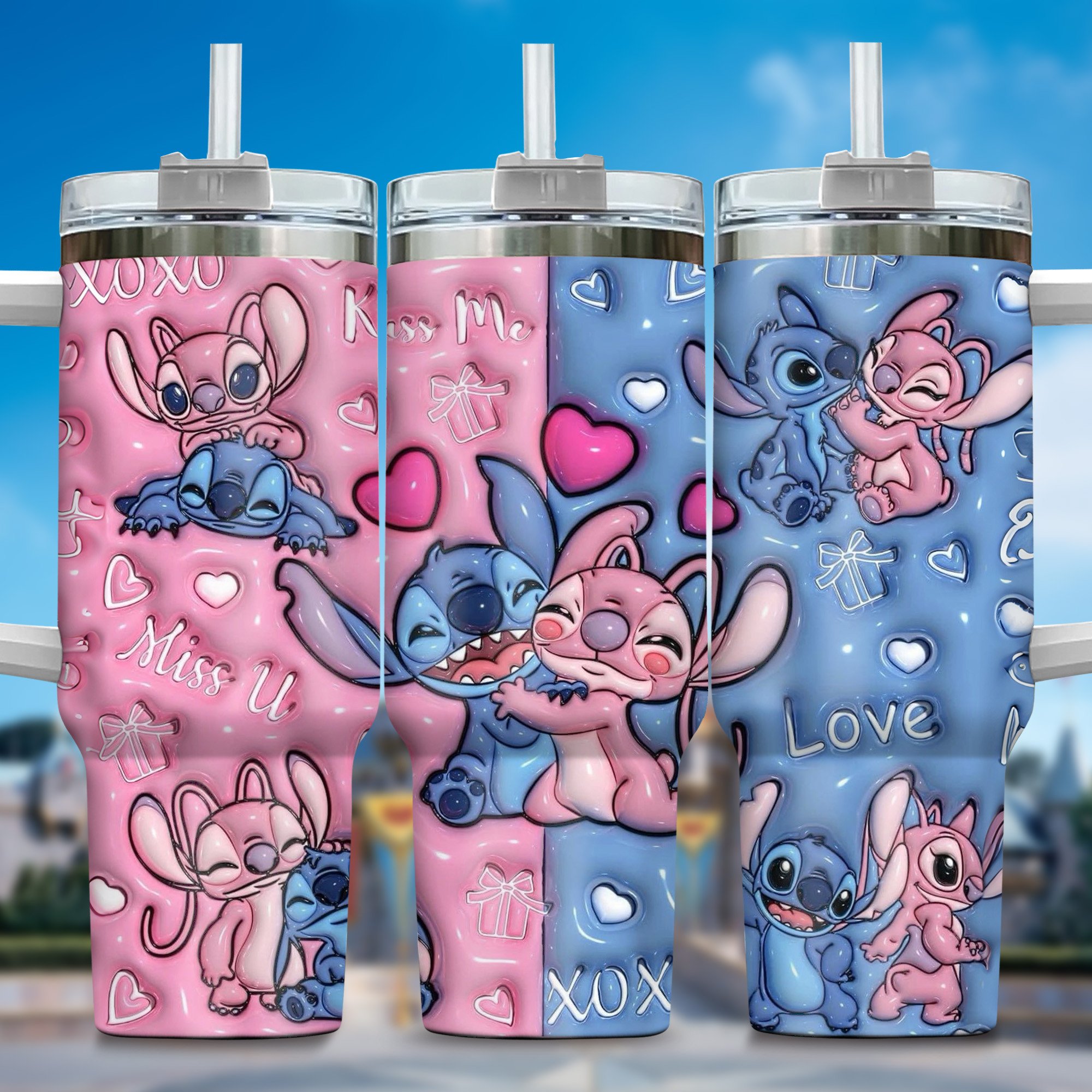 Inflated 3D Stitch Cartoon Custom Stanley Quencher 40oz Stainless Steel Tumbler With Handle
