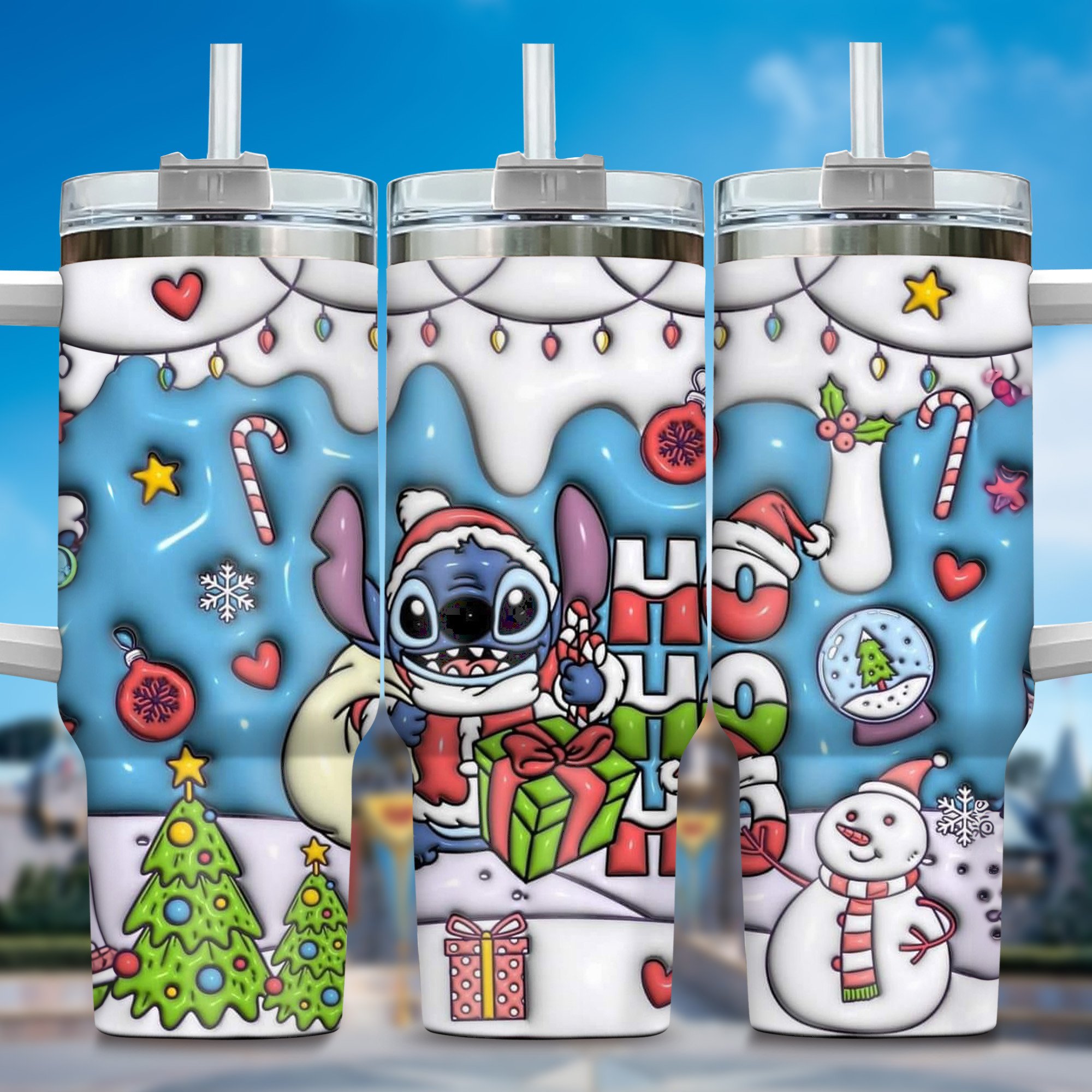 Inflated 3D Stitch Cartoon Custom Stanley Quencher 40oz Stainless Steel Tumbler With Handle