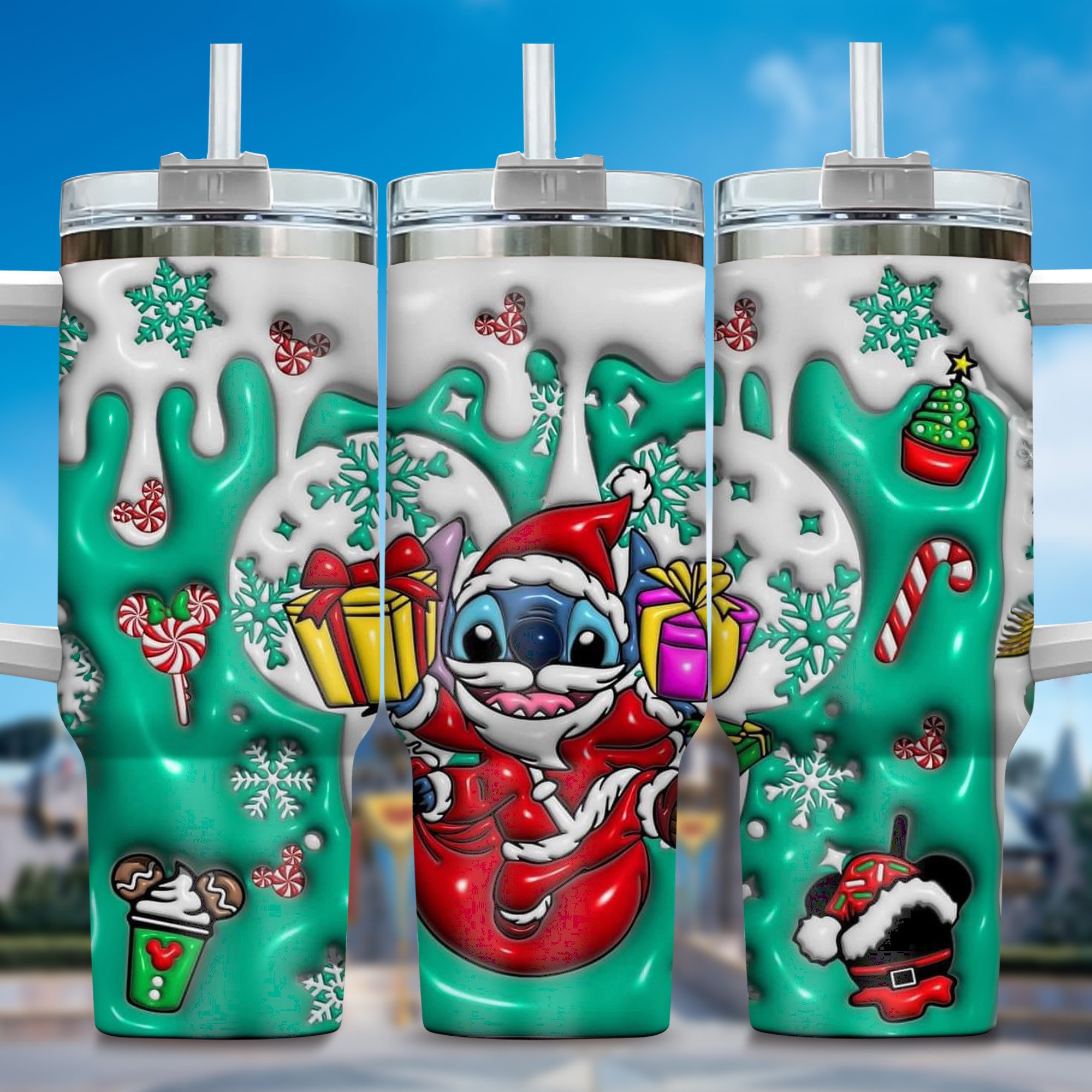 Inflated 3D Stitch Cartoon Custom Stanley Quencher 40oz Stainless Steel Tumbler With Handle