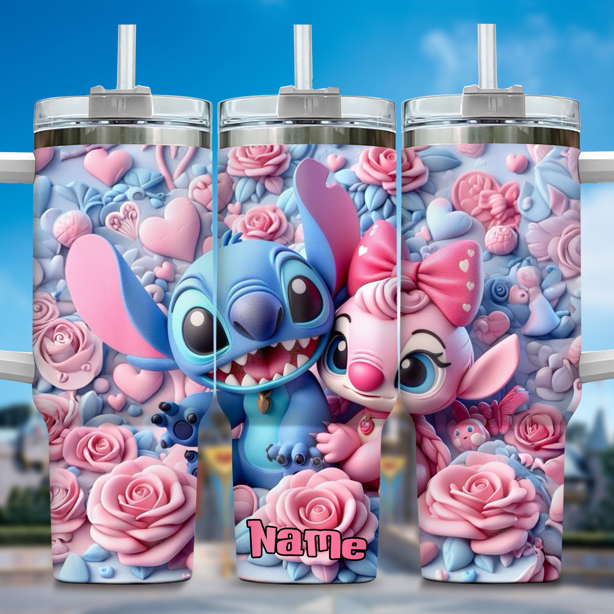 Inflated 3D Stitch Cartoon Custom Stanley Quencher 40oz Stainless Steel Tumbler With Handle