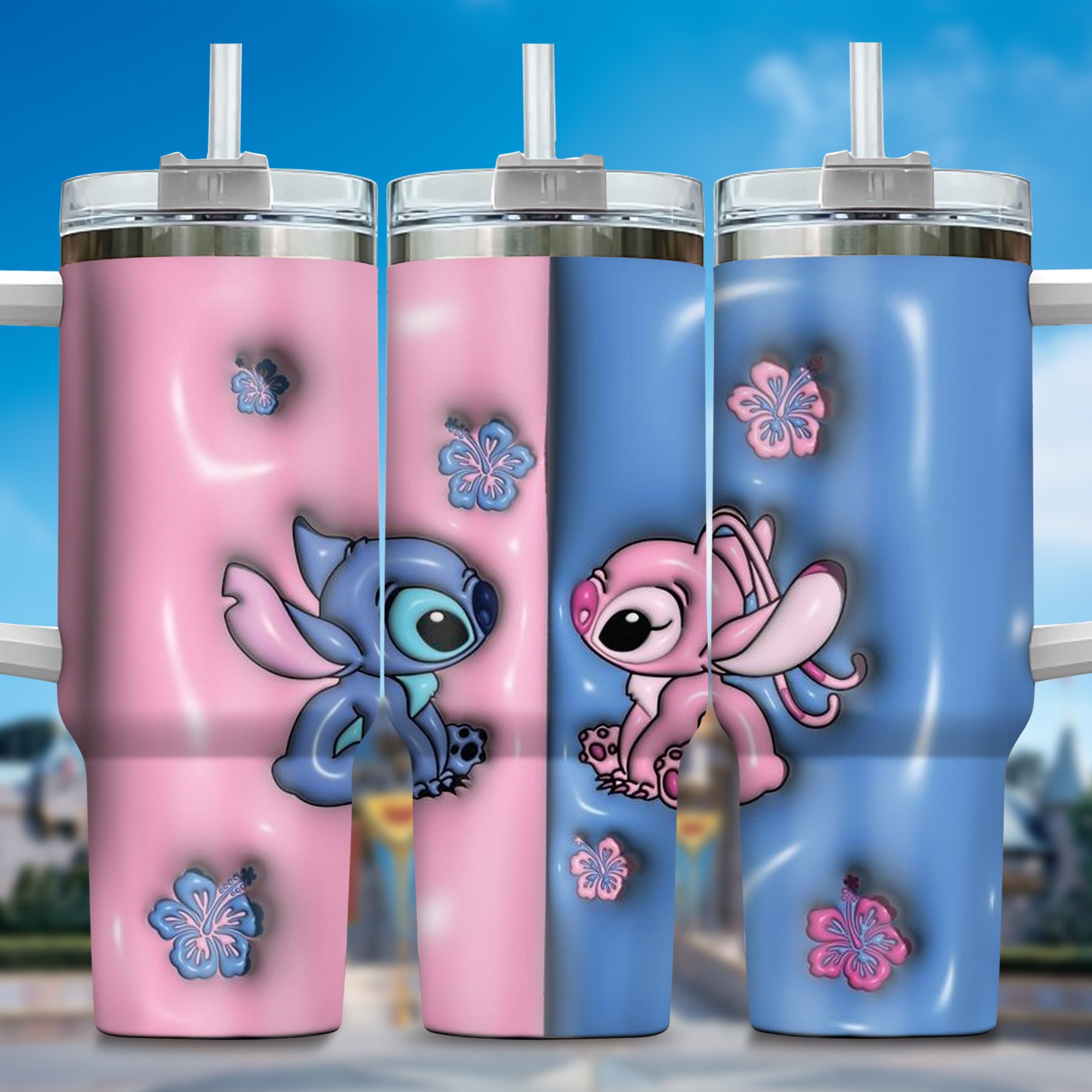 Inflated 3D Stitch Cartoon Custom Stanley Quencher 40oz Stainless Steel Tumbler With Handle