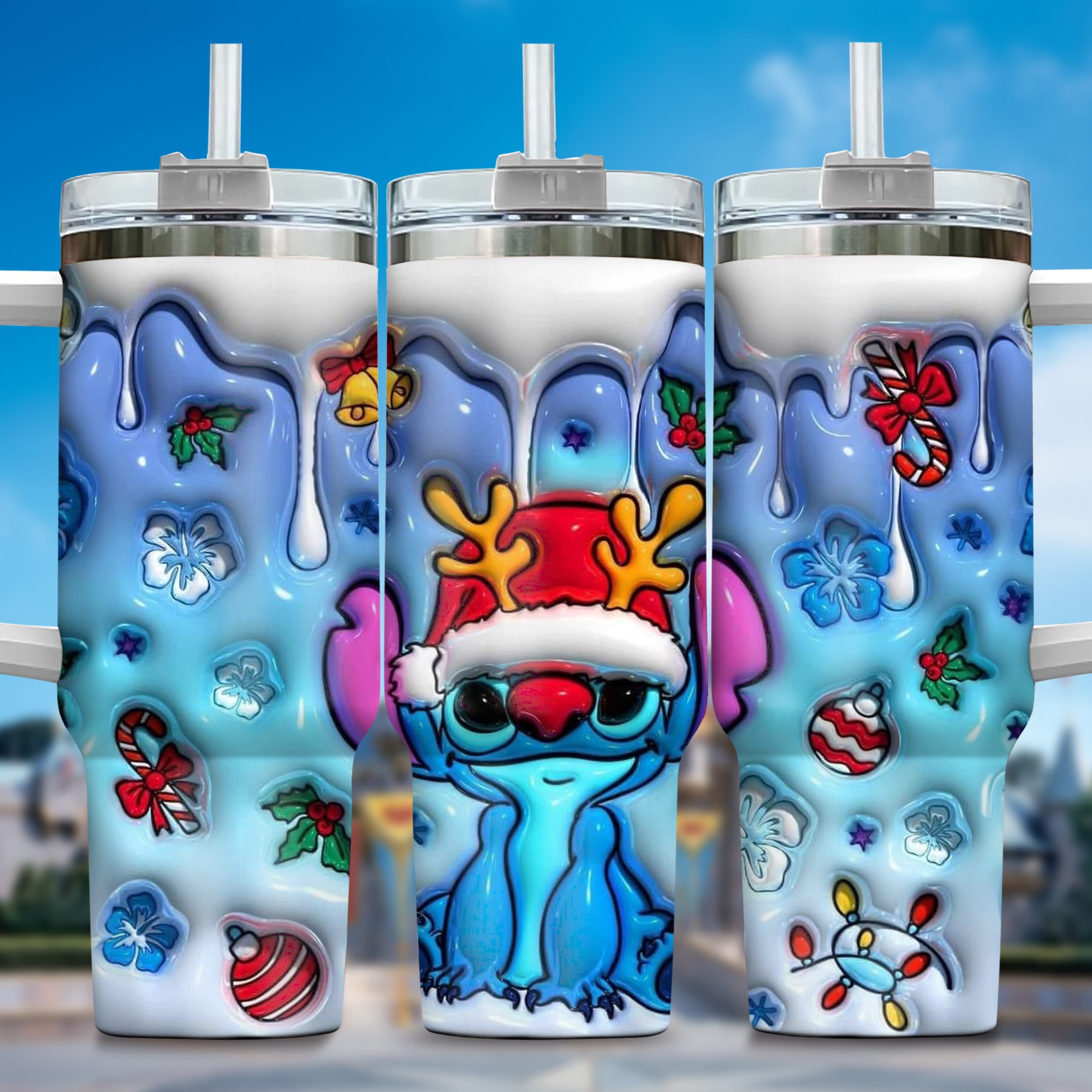 Inflated 3D Stitch Cartoon Custom Stanley Quencher 40oz Stainless Steel Tumbler With Handle