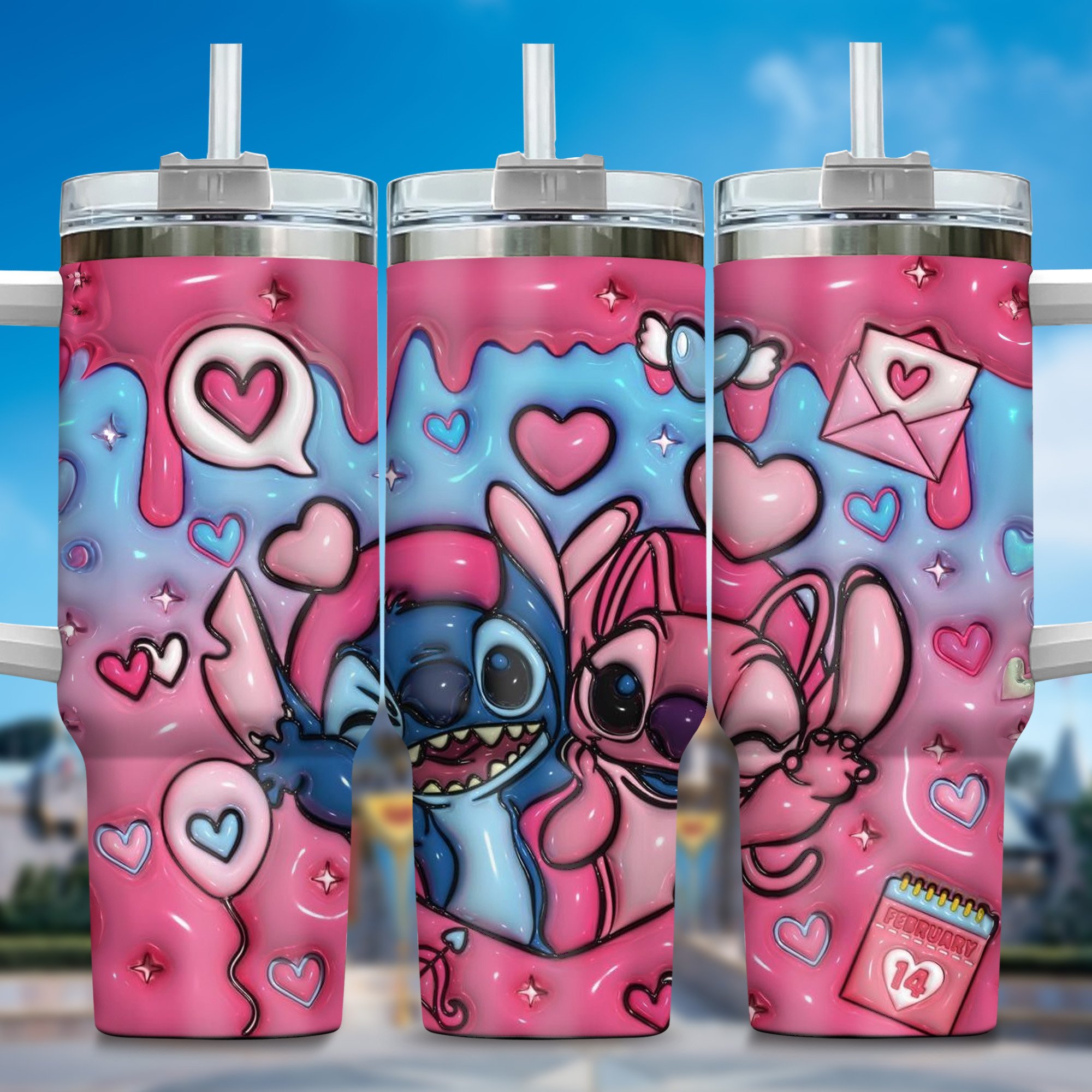 Inflated 3D Stitch Cartoon Custom Stanley Quencher 40oz Stainless Steel Tumbler With Handle
