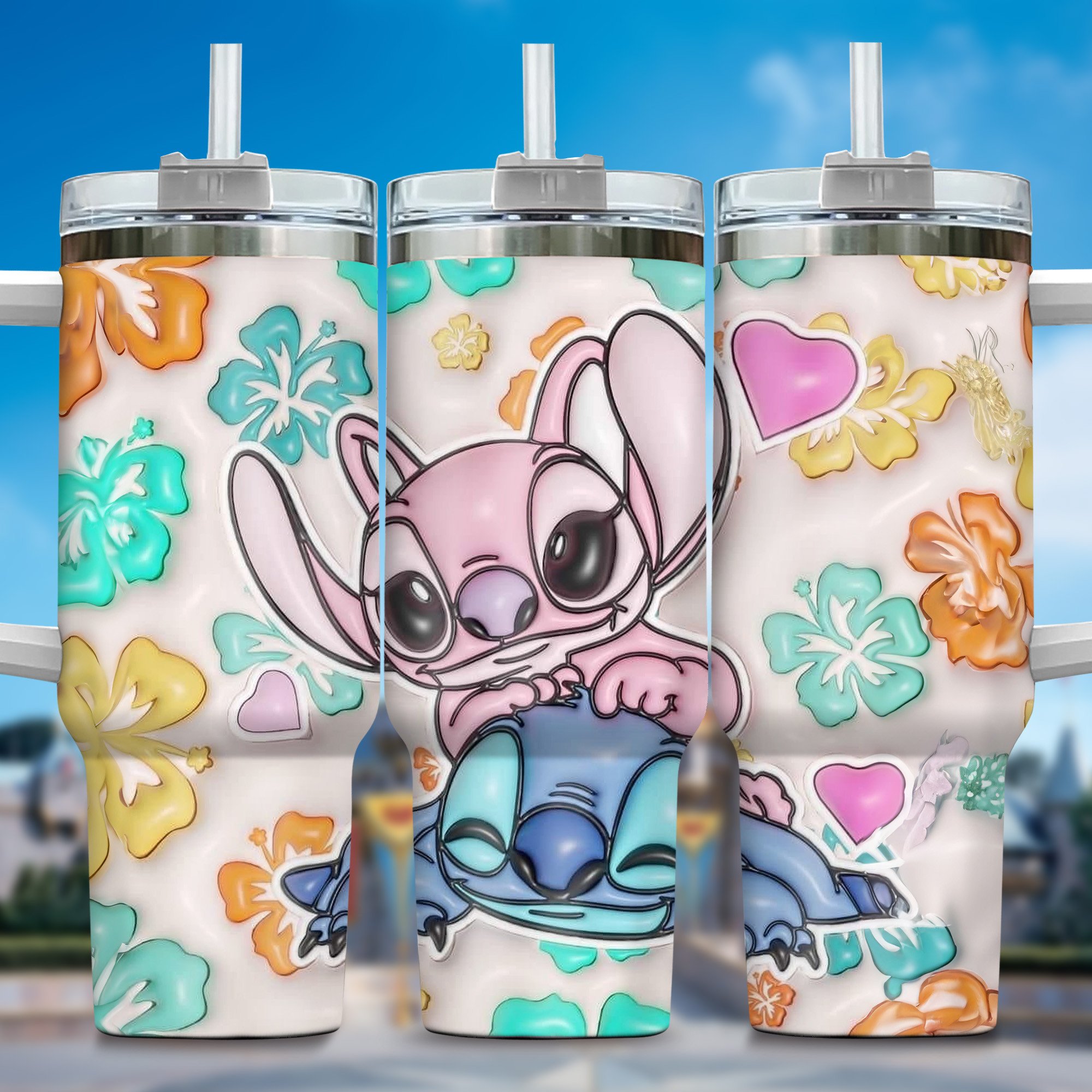Inflated 3D Stitch Cartoon Custom Stanley Quencher 40oz Stainless Steel Tumbler With Handle
