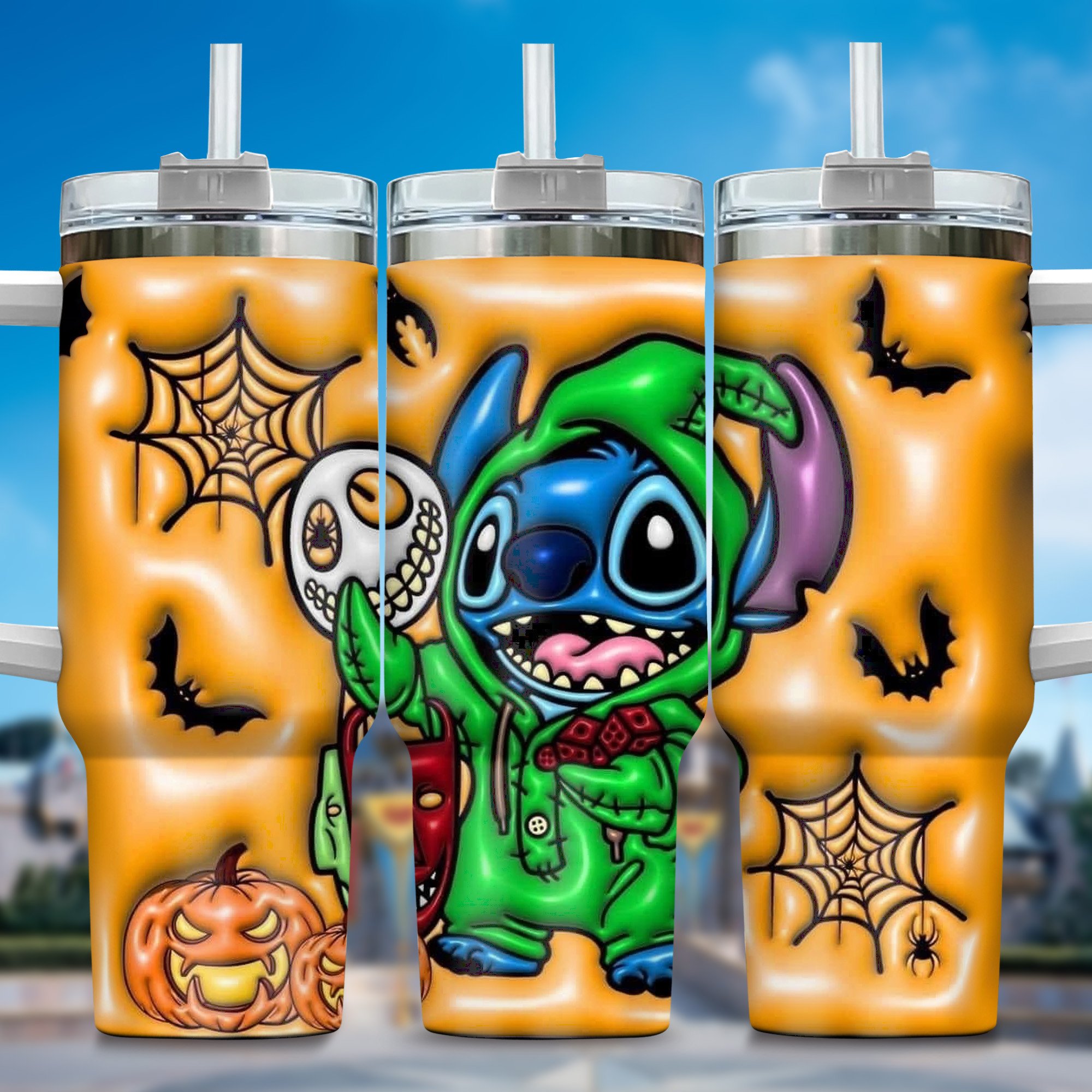 Inflated 3D Stitch Cartoon Custom Stanley Quencher 40oz Stainless Steel Tumbler With Handle