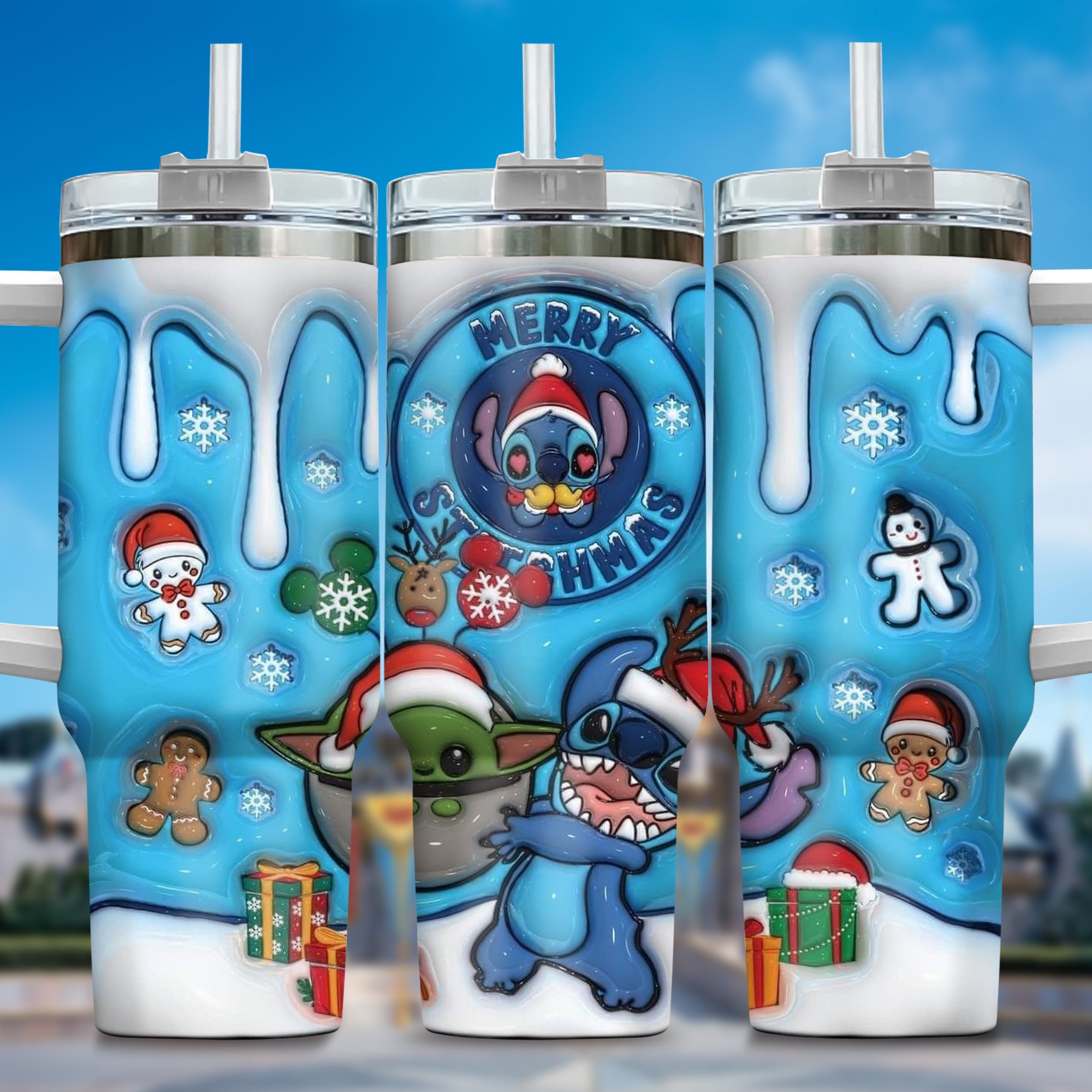 Inflated 3D Stitch Cartoon Custom Stanley Quencher 40oz Stainless Steel Tumbler With Handle