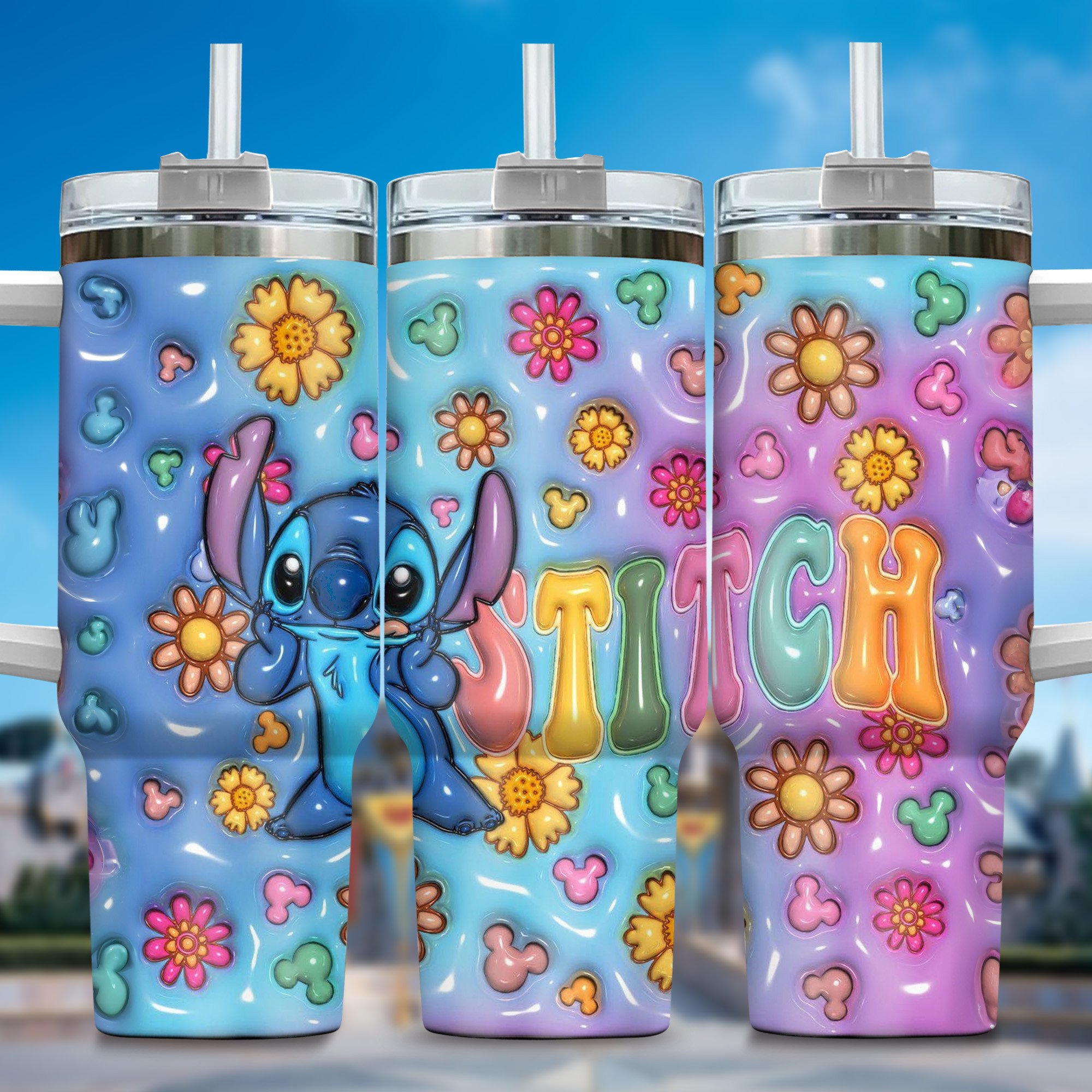Inflated 3D Stitch Cartoon Custom Stanley Quencher 40oz Stainless Steel Tumbler With Handle
