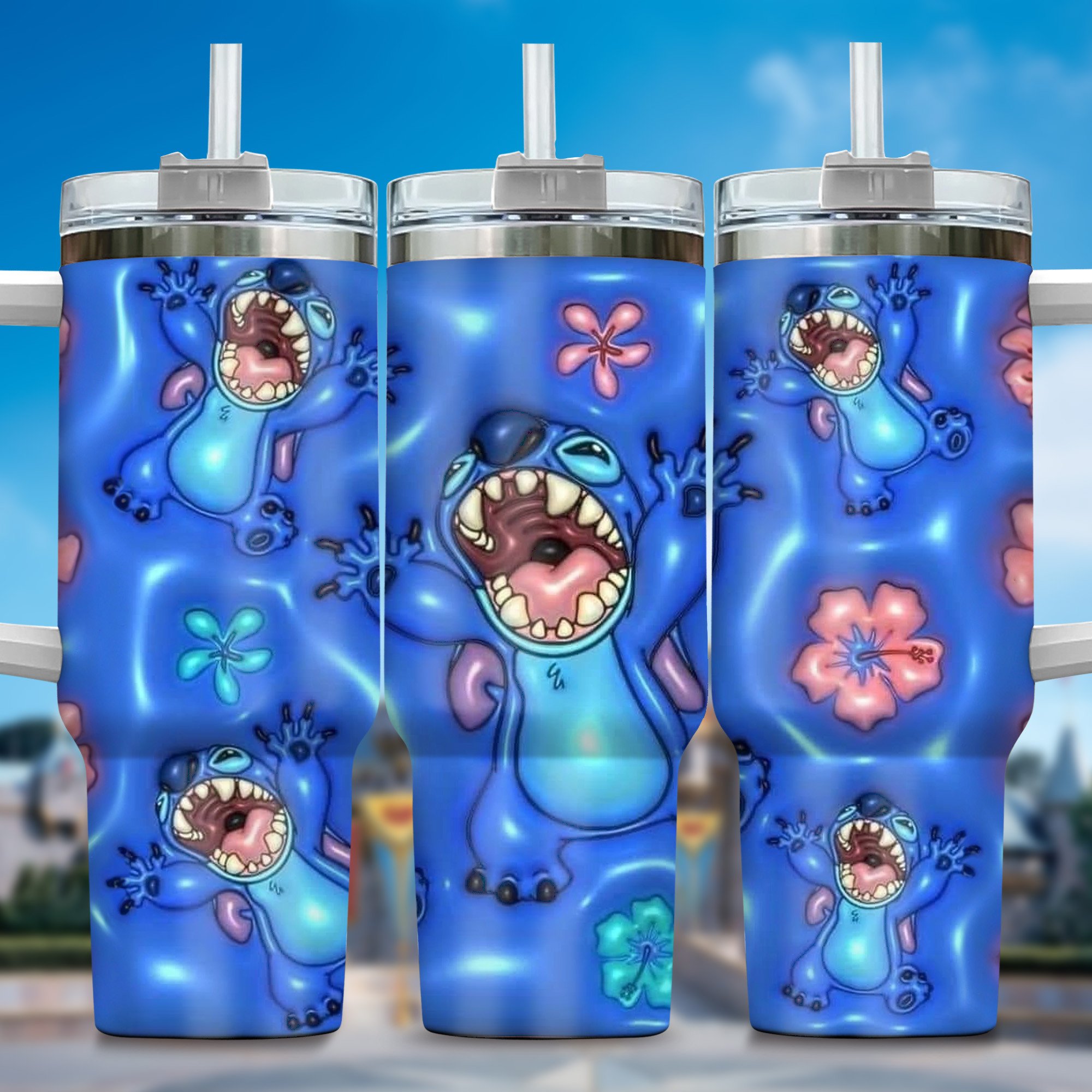 Inflated 3D Stitch Cartoon Custom Stanley Quencher 40oz Stainless Steel Tumbler With Handle