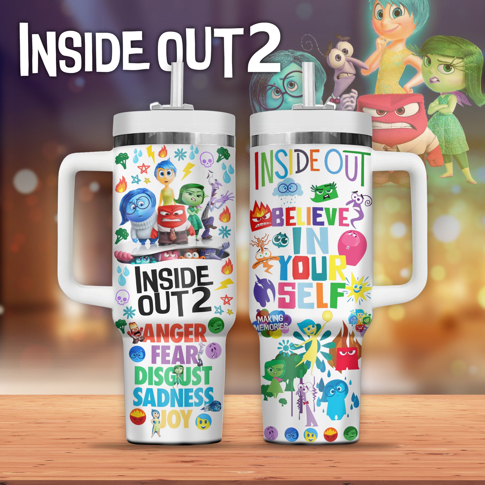 Inside Out Movies Custom Stanley Quencher 40oz Stainless Steel Tumbler With Handle
