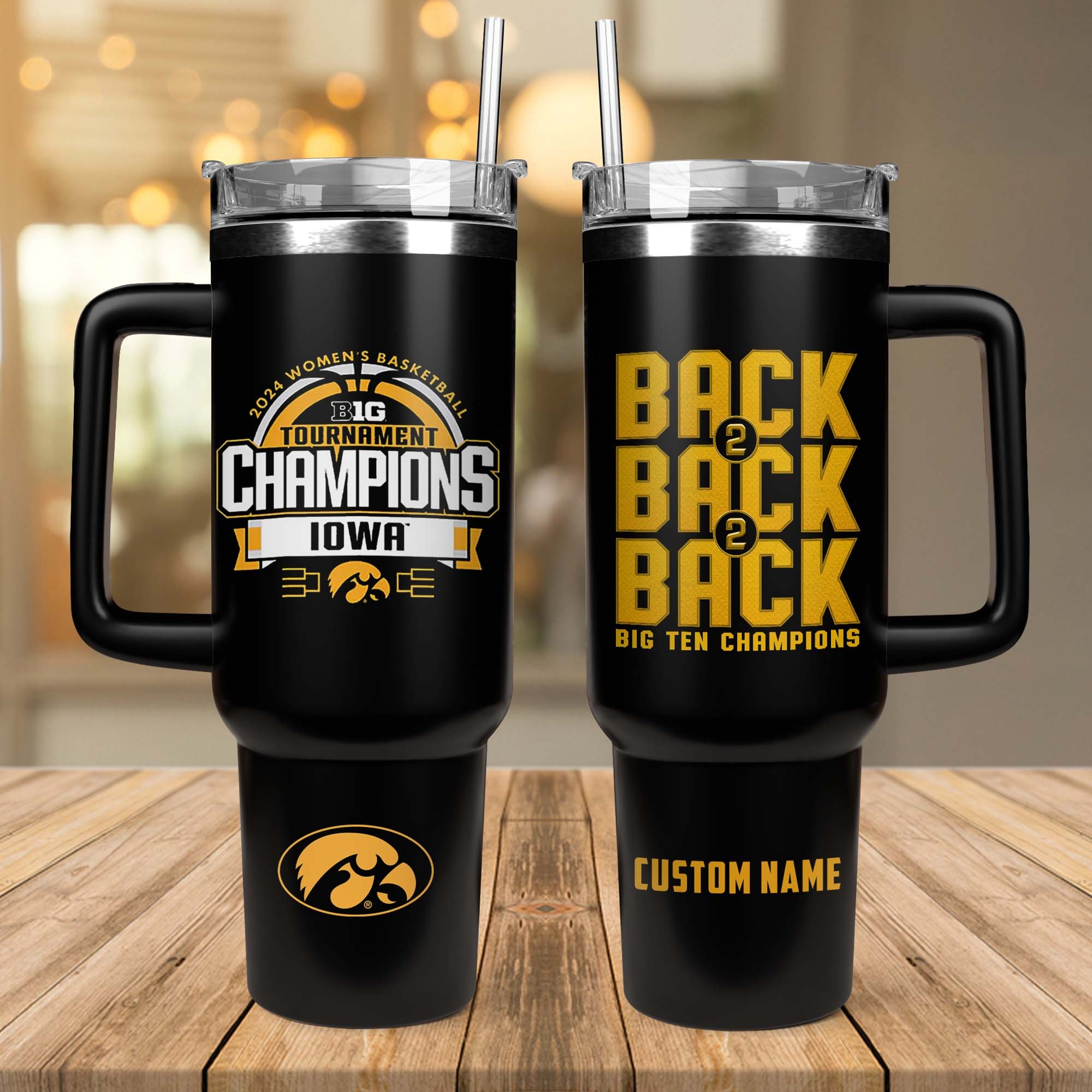 Iowa Hawkeyes 2024 Big Ten Womenâ€™s Basketball Tournament Champions NCAA Custom Stanley Quencher 40oz Stainless Steel Tumbler With Handle