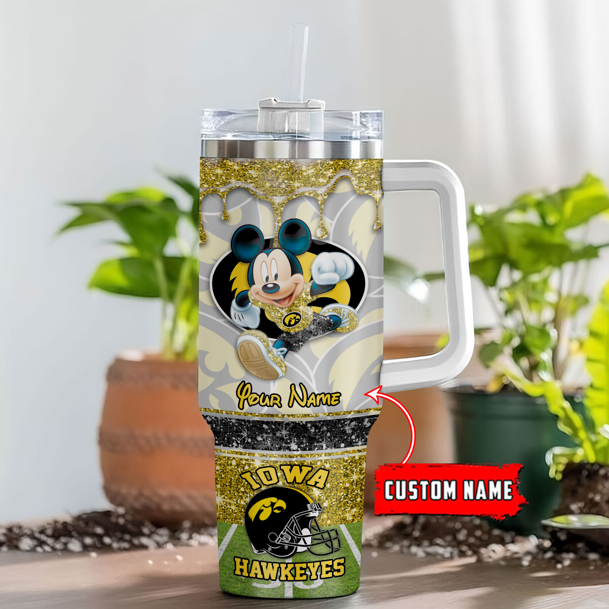 Iowa Hawkeyes NCAA Mickey Mouse Glitter Custom Stanley Quencher 40oz Stainless Steel Tumbler With Handle