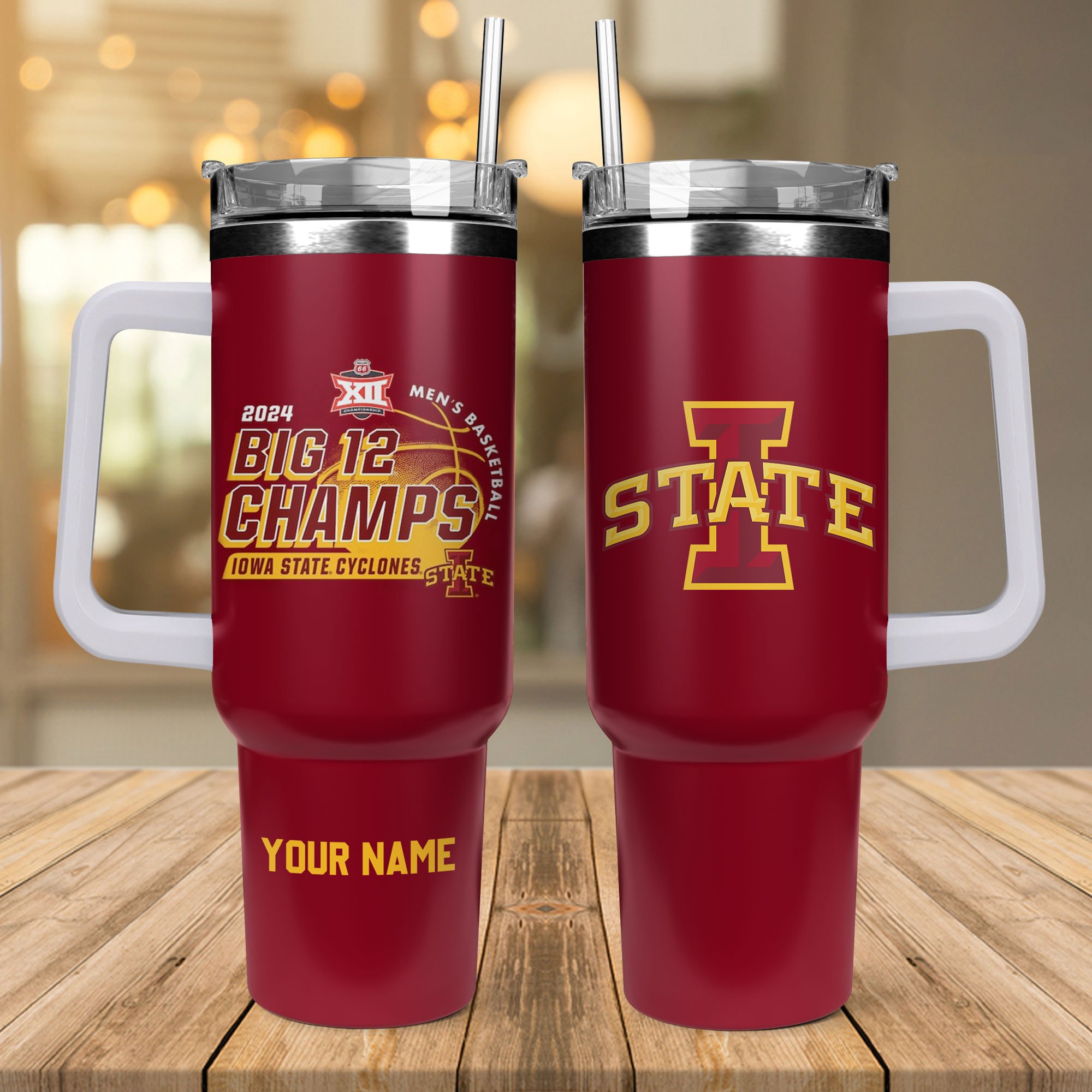 Iowa State Cyclones 2024 Big 12 Menâ€™s Basketball Tournament Champions NCAA Custom Stanley Quencher 40oz Stainless Steel Tumbler With Handle