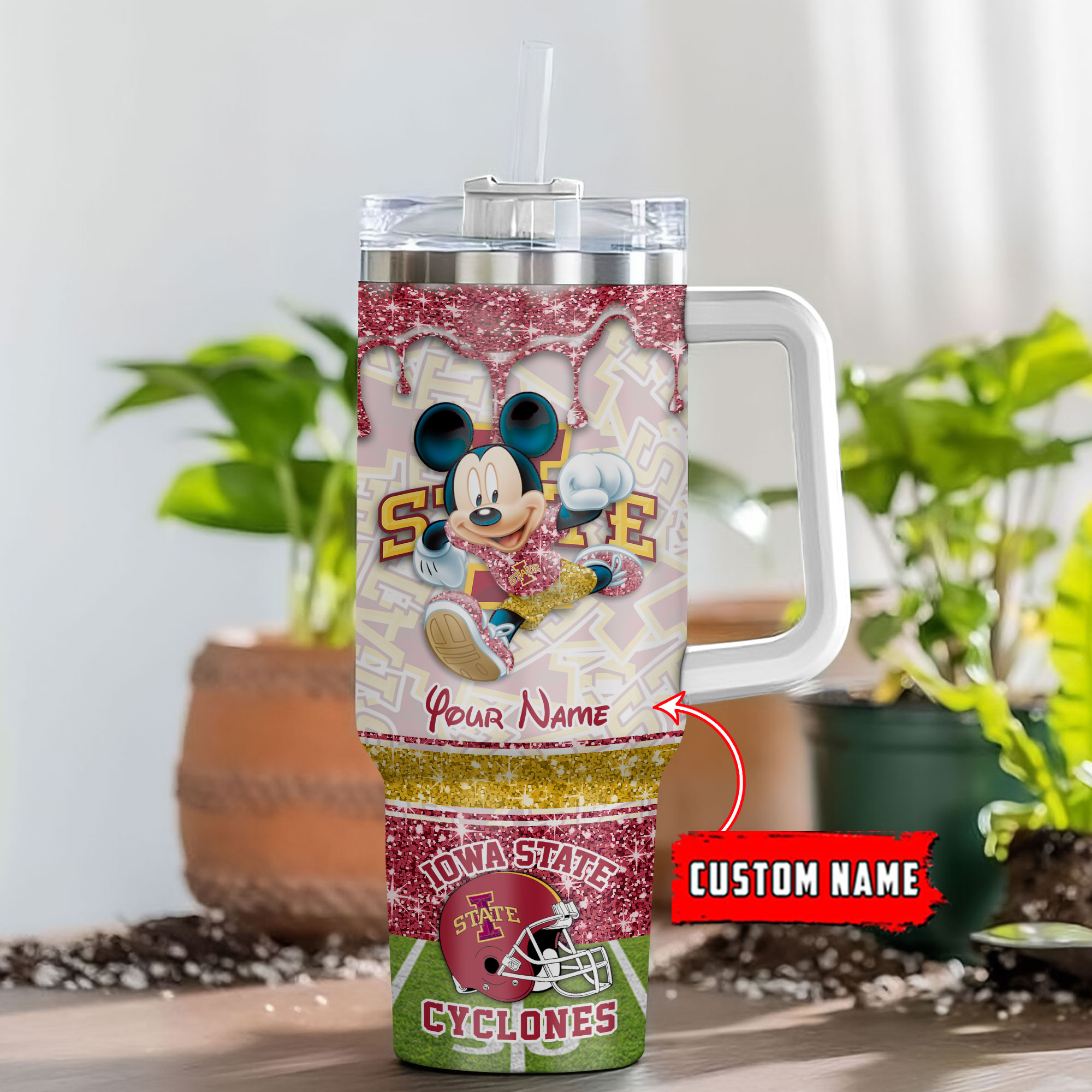 Iowa State Cyclones NCAA Mickey Mouse Glitter Custom Stanley Quencher 40oz Stainless Steel Tumbler With Handle