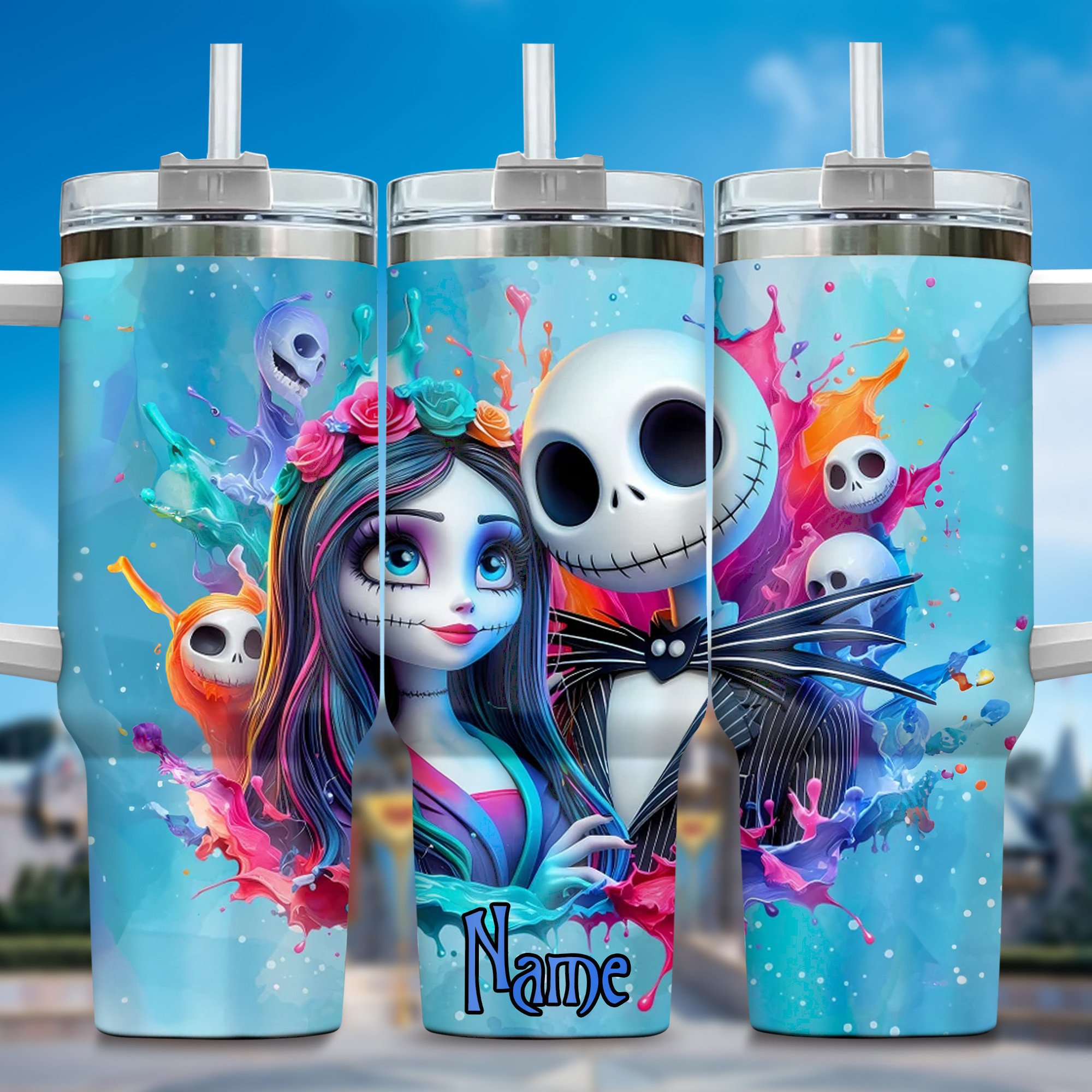 Jack and Sally Movies Custom Stanley Quencher 40oz Stainless Steel Tumbler With Handle