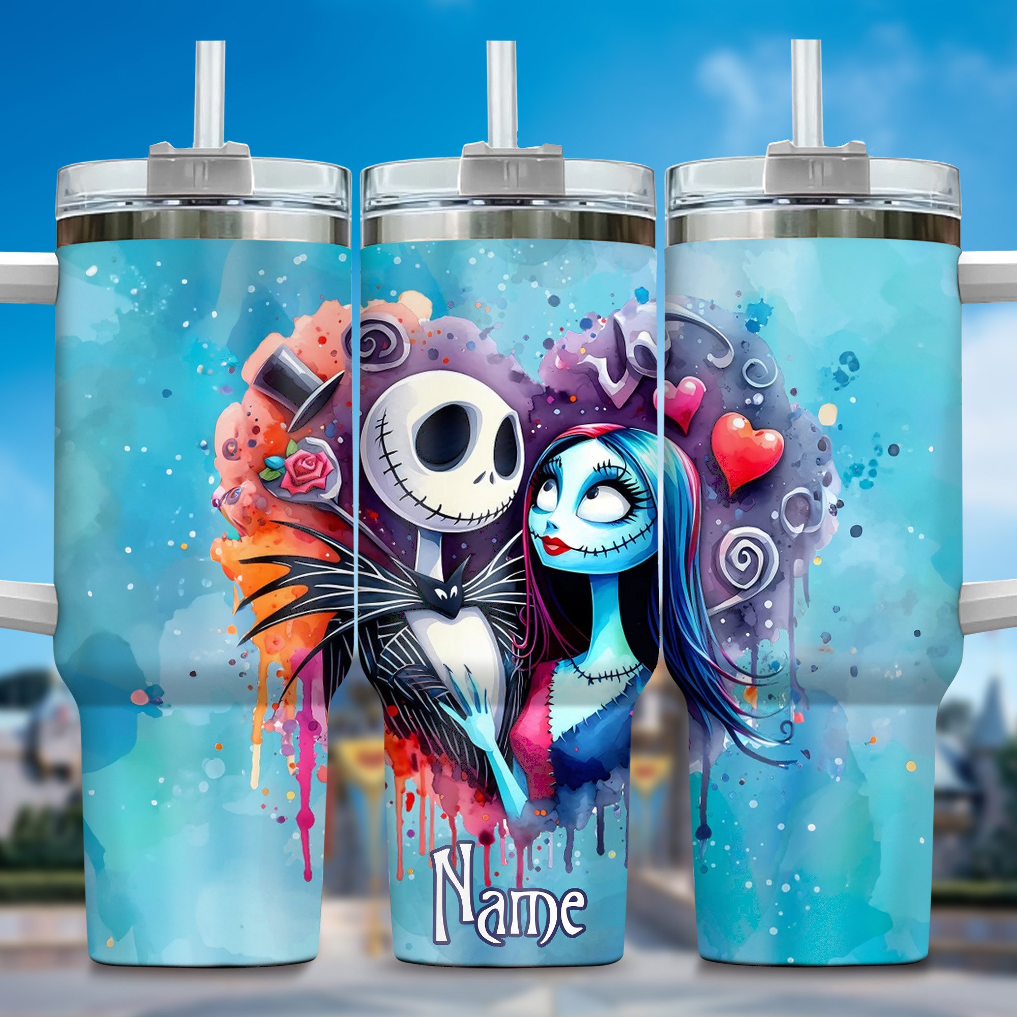 Jack and Sally Movies Custom Stanley Quencher 40oz Stainless Steel Tumbler With Handle